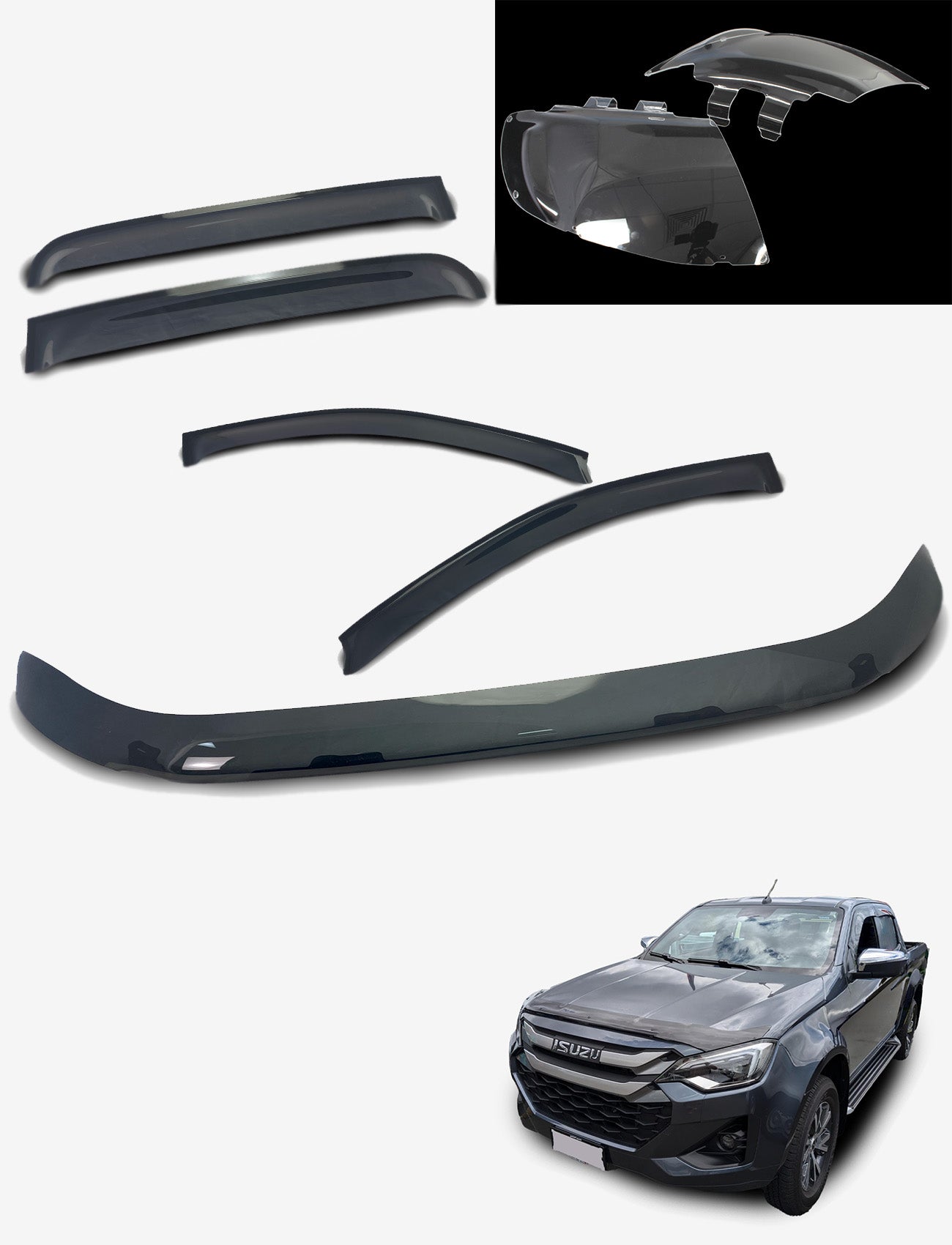 Image of a dark-colored Isuzu D-MAX parked on a white background, featuring Sunland Protective Plastics' custom-moulded bundle with weathershields, bonnet protector, and headlight protectors.