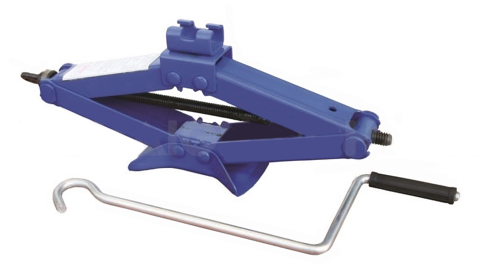 The Explore Car Jack is a blue scissor jack with a black handle and crank lever, featuring durable welded steel construction for reliable lifting during tire changes or repairs.