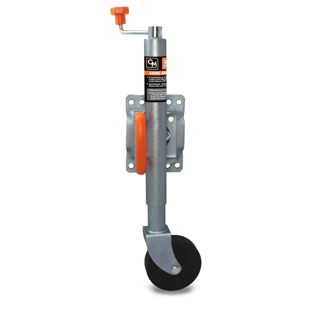 The Cargo Mate Swing-Away Jockey Wheel by Cargo Mate is a metal trailer jack featuring a black wheel and an orange handle. It includes a crank mechanism at the top and a mounting plate for easy attachment. Designed for convenient DIY installation, it also has an orange ring midway down the shaft and comes with a label containing specifications and instructions.