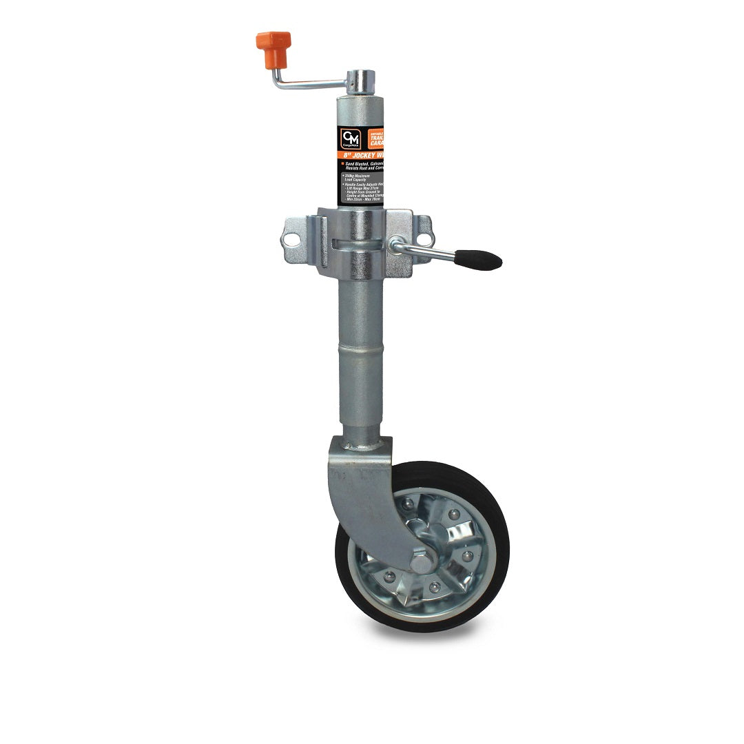 The Cargo Mate Clamp On 8" Jockey Wheel by Cargo Mate is a silver trailer jack featuring a black rubber wheel and an orange handle, ideal for caravans and trailers. It includes an adjustable height mechanism and a mounting bracket for easy attachment. The label provides instructions and safety warnings, all safeguarded by a resilient galvanised finish.