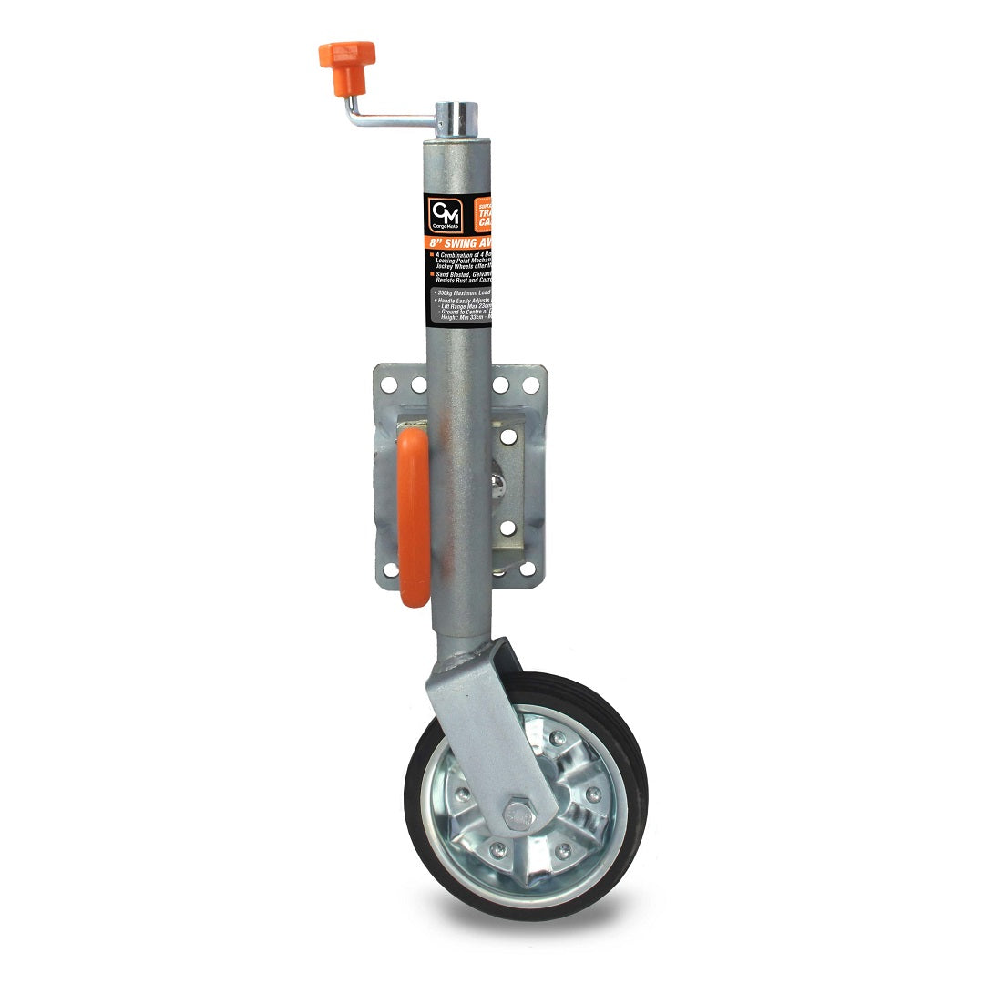 The Cargo Mate Swing-Away 8" Jockey Wheel, ideal for caravans and trailers, showcases a black, grooved wheel at the bottom, an orange handle on the side, and an orange knob at the top. Its silver mounting bracket is designed with multiple holes for versatile attachment and is built to resist rust and corrosion.