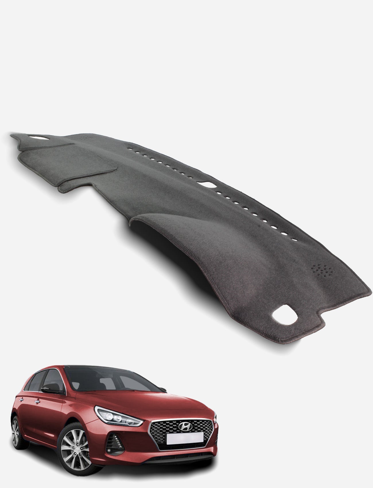 A Sunland-Protection Hyundai i30 PD Hatchback Dash Mat in black is shown above a red Hyundai hatchback on a white background, helping keep your car cool and air bag safe.
