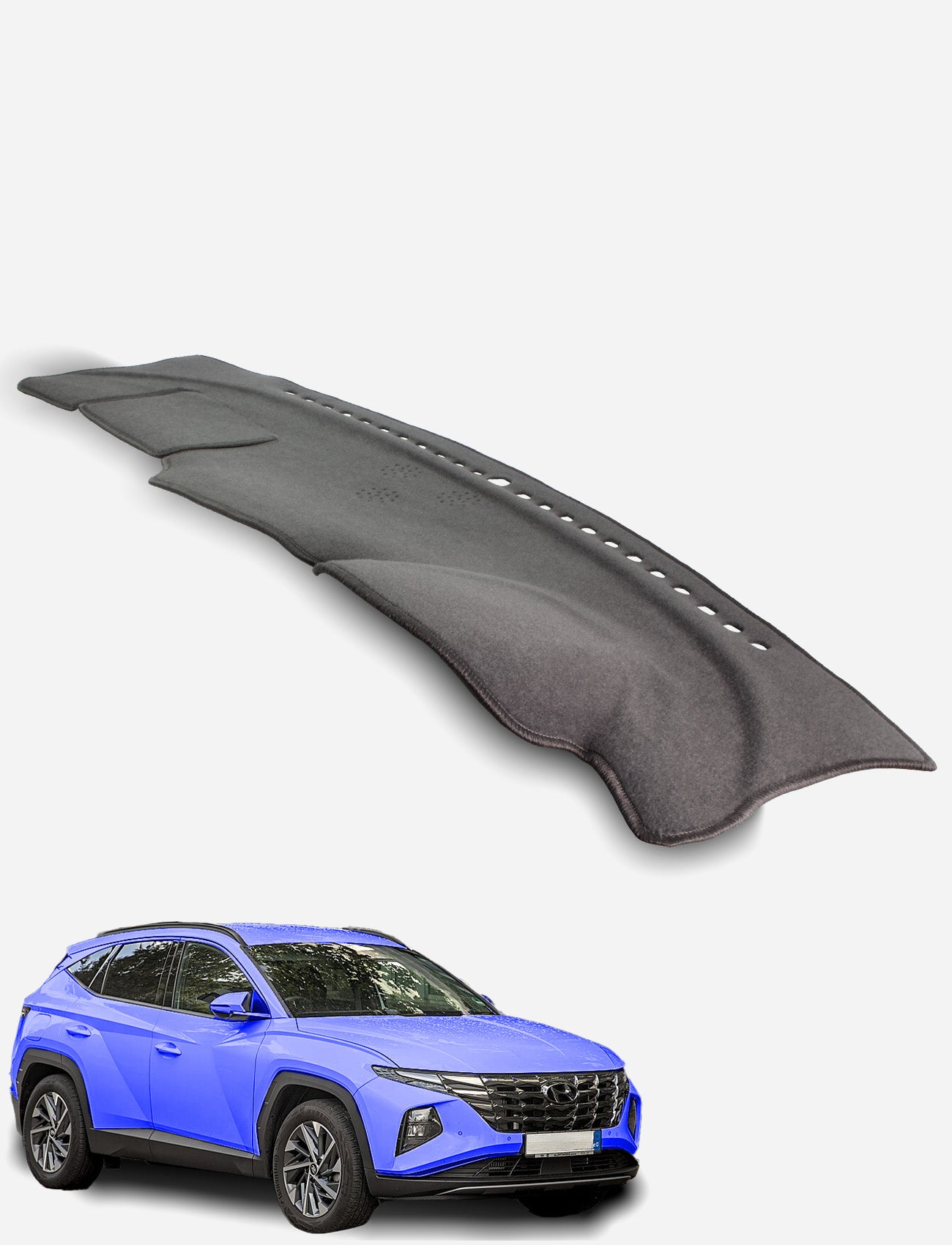 A Sunland-Protection Hyundai Tucson Dash Mat in black is shown above a blue SUV on a white background. Custom-fit with contours and vent cutouts, it shields the dash from sun damage to protect resale value and boost A/C efficiency.