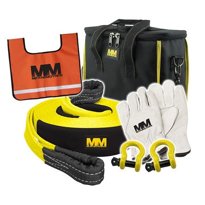 Introducing the Mean Mother 4x4 Recovery Kit 11,000kg Combo Pack 5pc, an off-road essential with a durable black and yellow storage bag, bright orange safety vest, resilient snatch strap, gray gloves, and sturdy bow shackles. Each item features the "MM" logo to ensure quality on every adventure.
