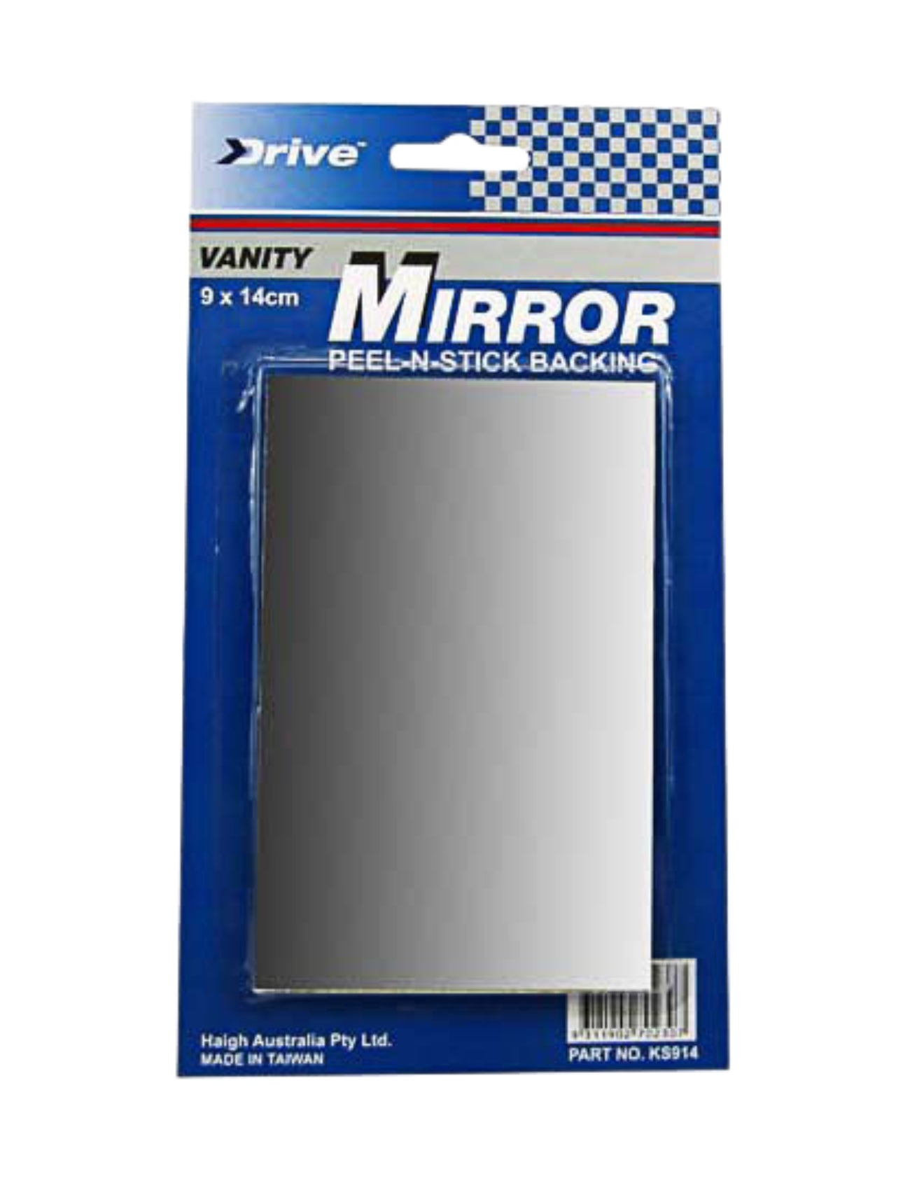 The MIRROR VANITY - 90 x 140mm NO RIM from Sunland-Protection features a peel-and-stick backing. It is packaged in blue with white checkered patterns and proudly crafted by Haigh Australia Pty Ltd in Taiwan. Product code KS914 guarantees authenticity and quality.