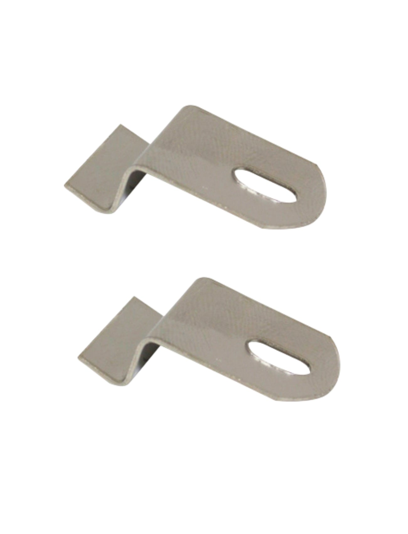 Displayed side by side on a white background are two Sunland-Protection Weathershield Clips from a pack of 10. These metal hardware clips feature a flat base, hooked design, and an oval hole, making them perfect as spare parts for weathershield installations to ensure secure and lasting protection.