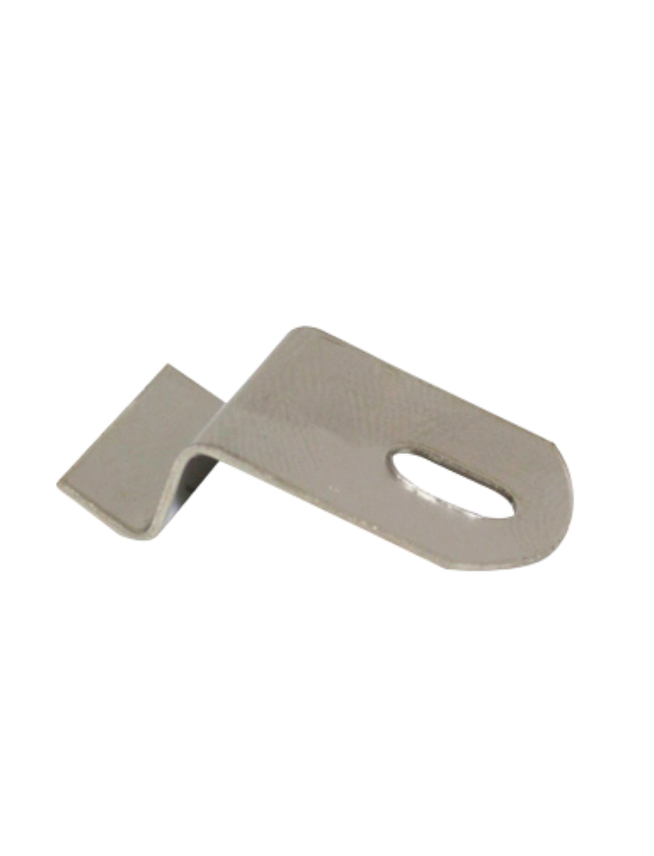 Resting on a plain white background is the Sunland-Protection Weathershield Clip, a metal clip with a smooth, flat body featuring a rectangular hole near one end and a bent section at the other. This versatile spare part comes in packs of 10 and complements weathershield systems for enhanced durability.