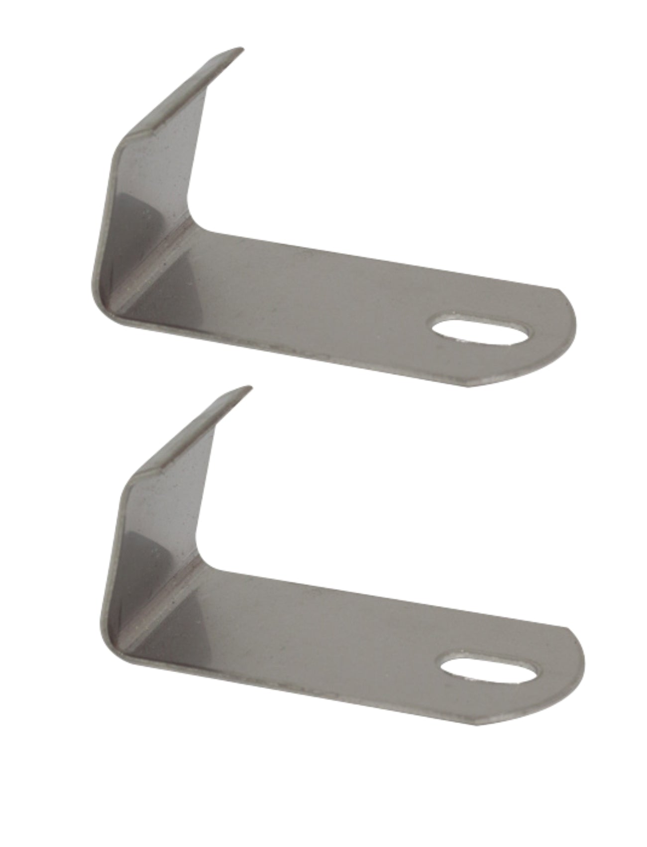 Two L-shaped metal brackets with elongated holes, positioned vertically against a white background, are essential spare parts from Sunland-Protection’s Weathershield Clip PACK OF 10 for protective plastics.