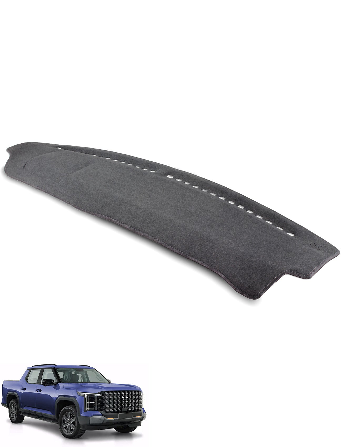 A Sunland-Protection LDV TERRON 9 Dash Mat in black is featured above a blue pickup truck with black trim and a prominent front grille, providing stylish dash cover and UV sun protection.