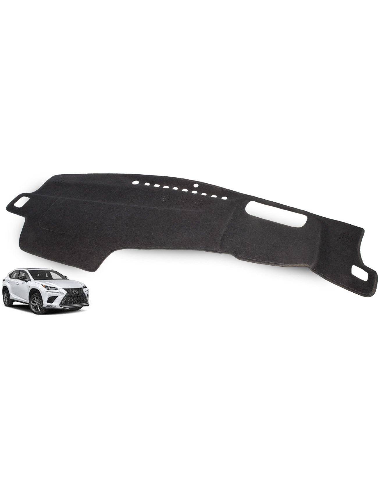 The Sunland-Protection LEXUS NX Dash Mat AAZA/TAZA in black, designed for sun protection with cutouts, is shown above a small white Lexus NX SUV image on a white background—ideal for Australian roads.