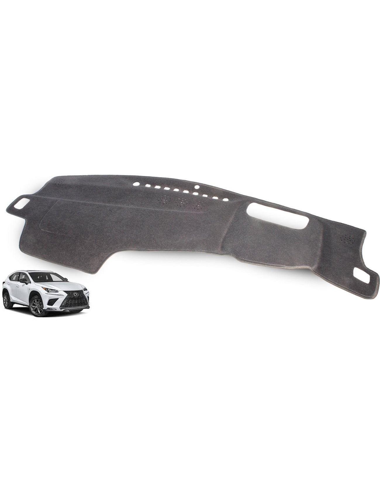 A Sunland-Protection LEXUS NX Dash Mat AAZA/TAZA in black with cutouts is shown on a white background, providing dash sun protection. A white Lexus NX SUV is in the corner—ideal for Australian roads.