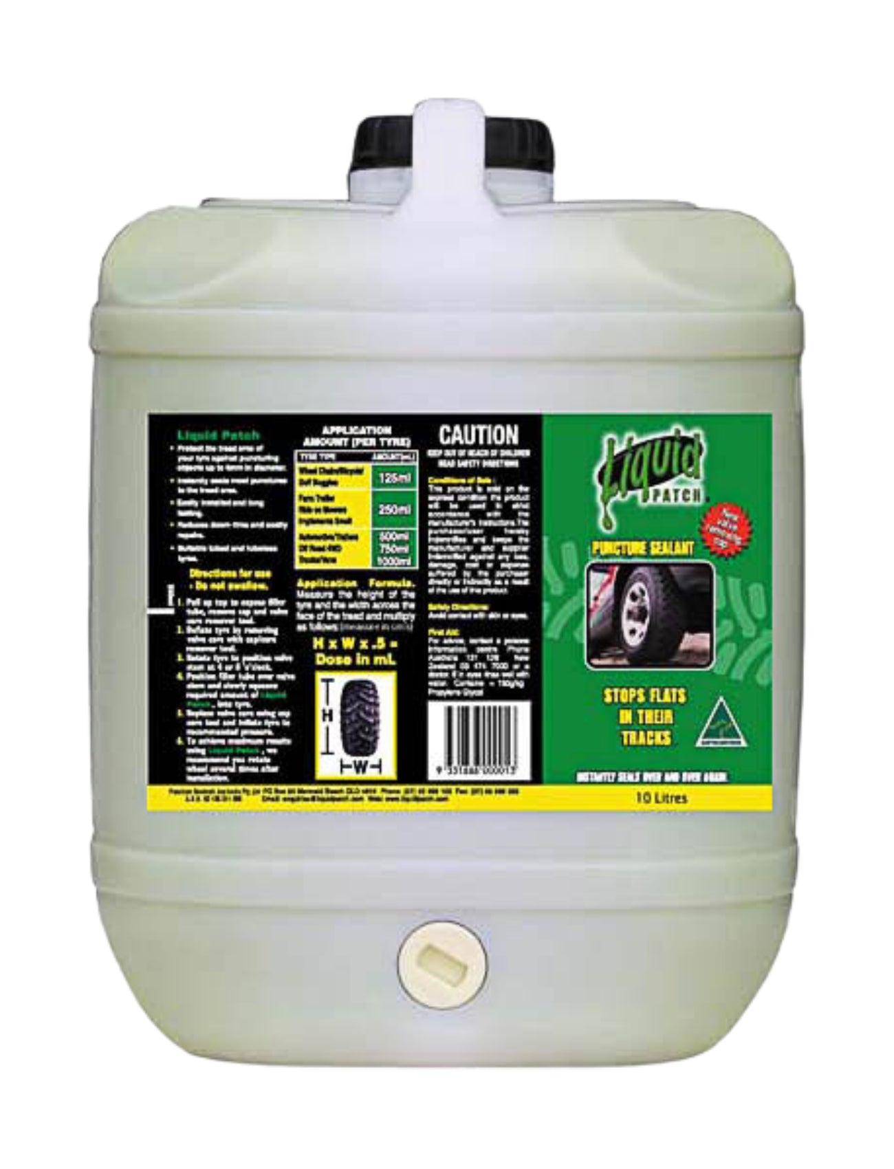 The Liquid Patch 10L container boasts a white design with a clear label providing instructions and cautions. Expertly crafted by Liquid Patch, it's an essential tool for quickly repairing flats in tires and tubes.