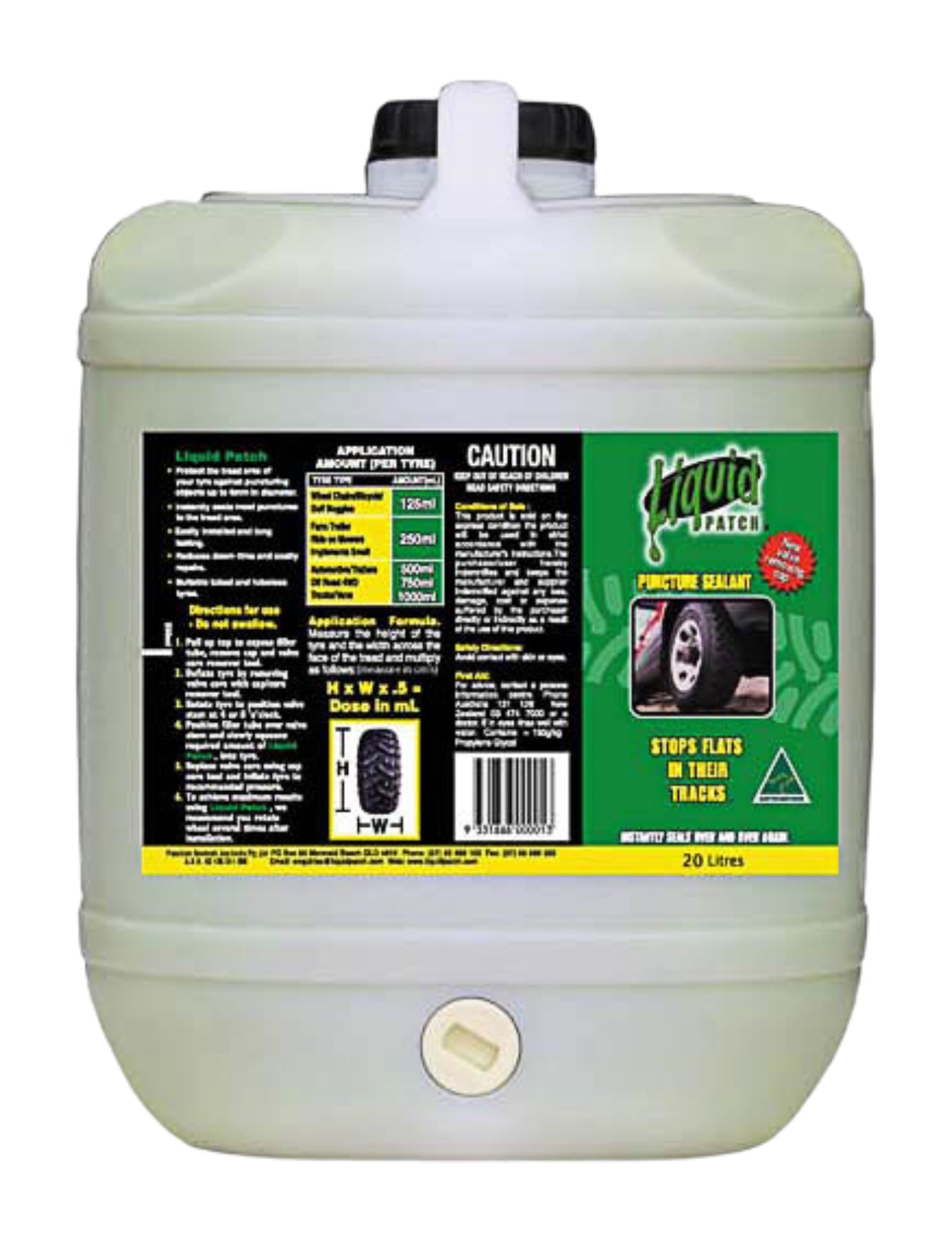 The Liquid Patch 20L, by Liquid Patch, is an environmentally friendly tire sealant featuring a green label with usage instructions, cautionary details, and an image of a tire. It includes a spout at the bottom for easy dispensing of this effective puncture repair product.