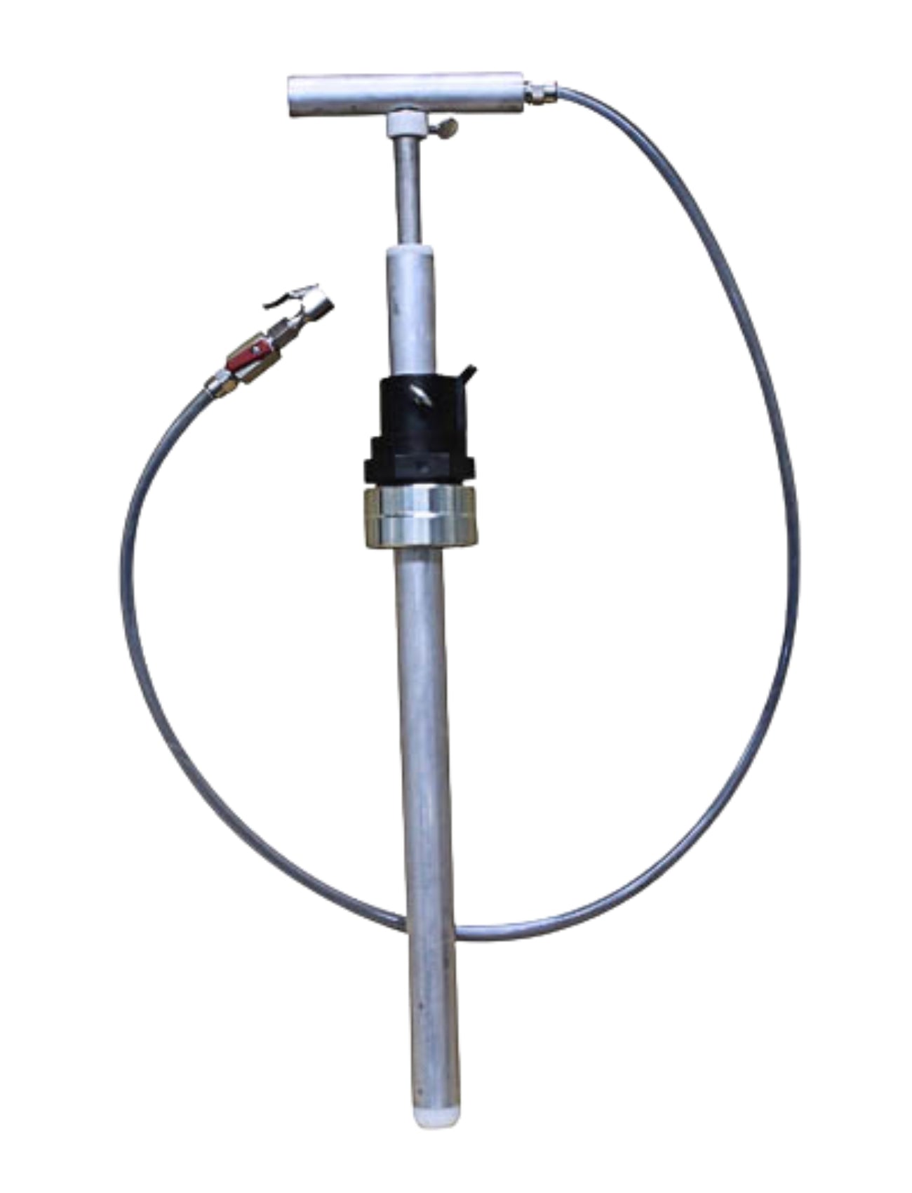 The Liquid Patch HD Pump by Liquid Patch is an industrial metal hand pump, perfect as a drum dispenser, featuring a long tube and flexible hose. It includes a T-shaped handle for easy use, while the hose has a metallic connector for efficient liquid transfer.