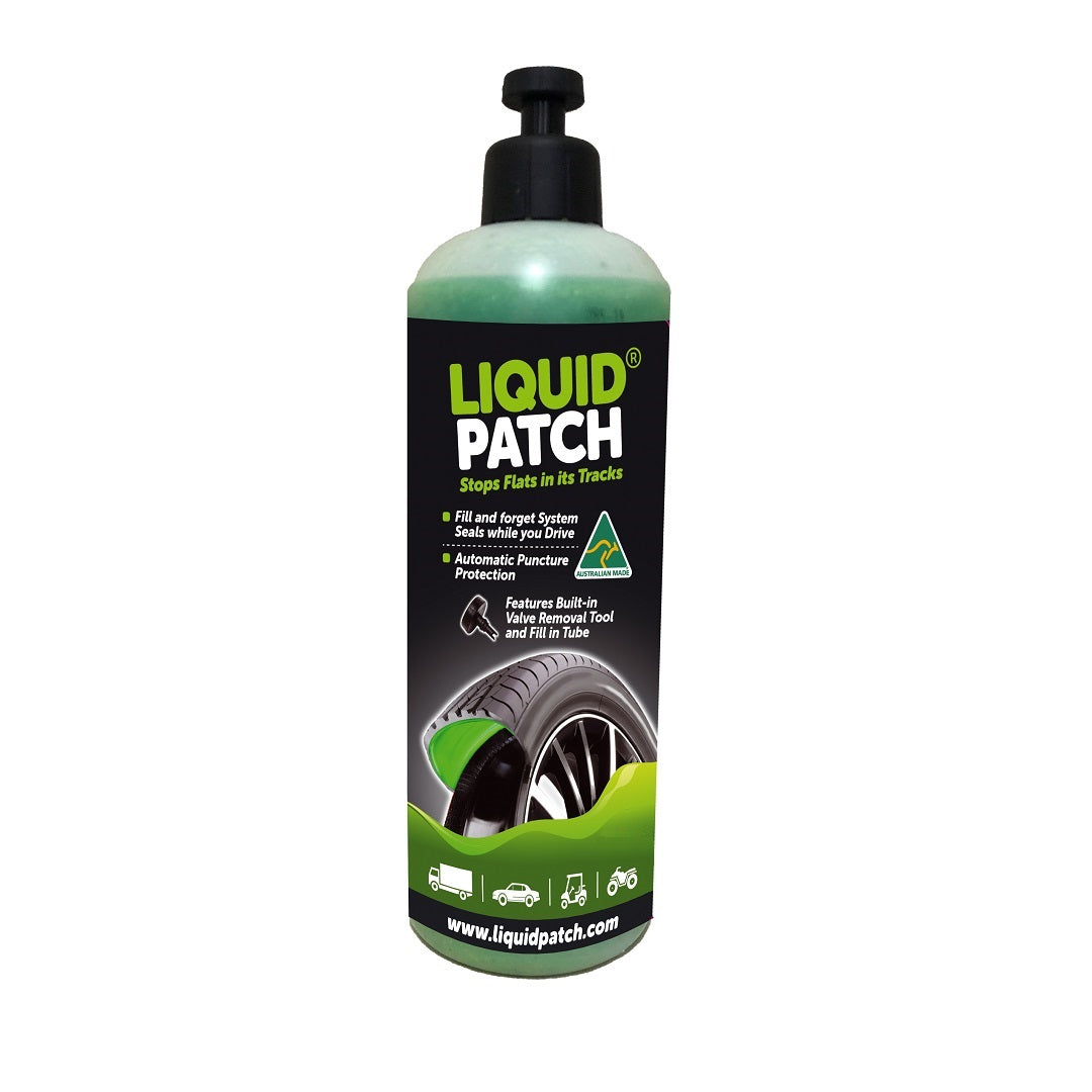 The 250ml bottle of Liquid Patch Tyre Puncture Repair features a green and black label highlighting its puncture protection and safety lock cap, along with an integrated valve removal tool. The design includes an image of a tire on the label.