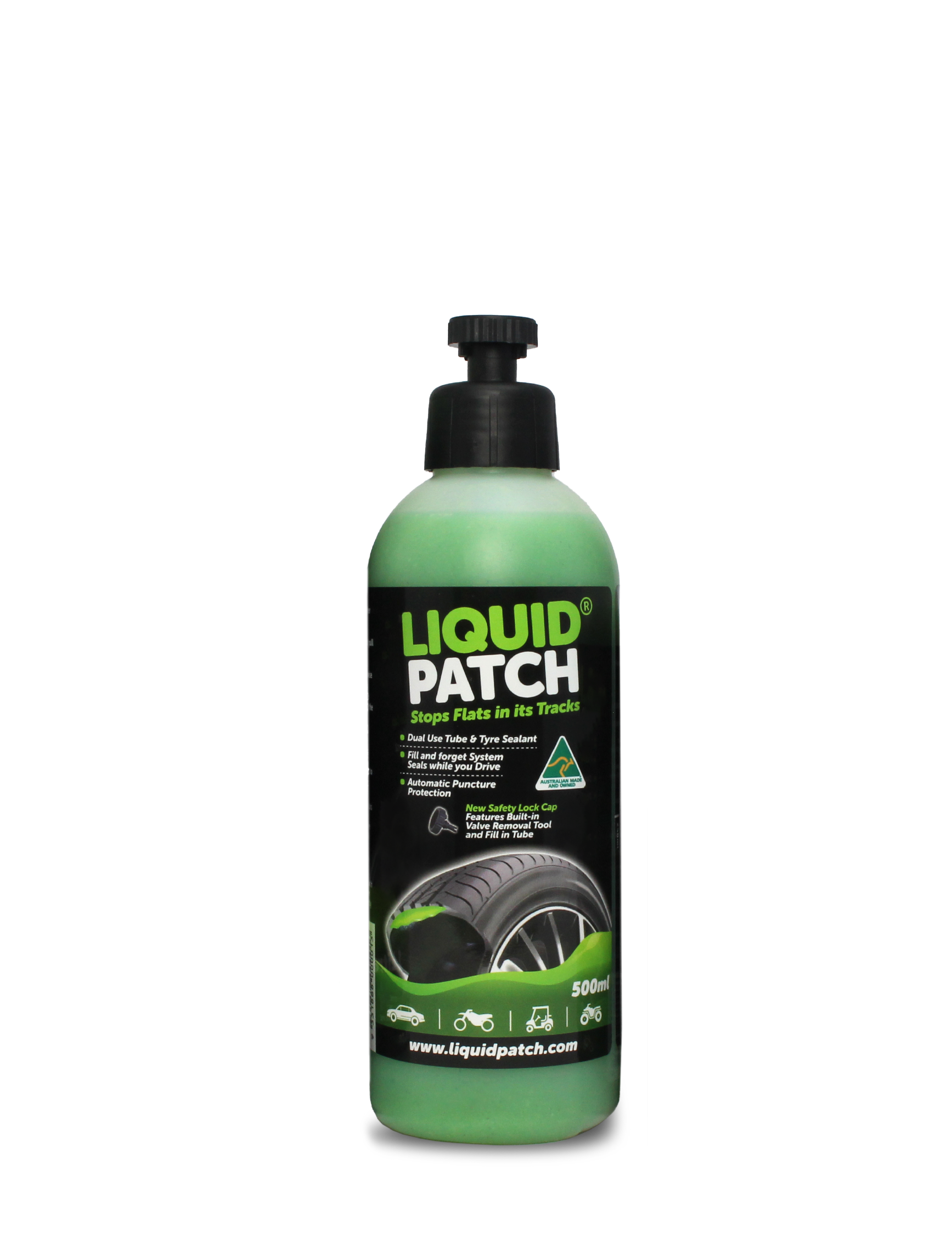 A 500ml bottle of Liquid Patch Tyre Puncture Repair features a sleek black pump top and a green and black label with a tire image, highlighting its dual use for tube & tyre sealant. Ideal for sealing punctures and offering automatic protection, includes a useful website link.