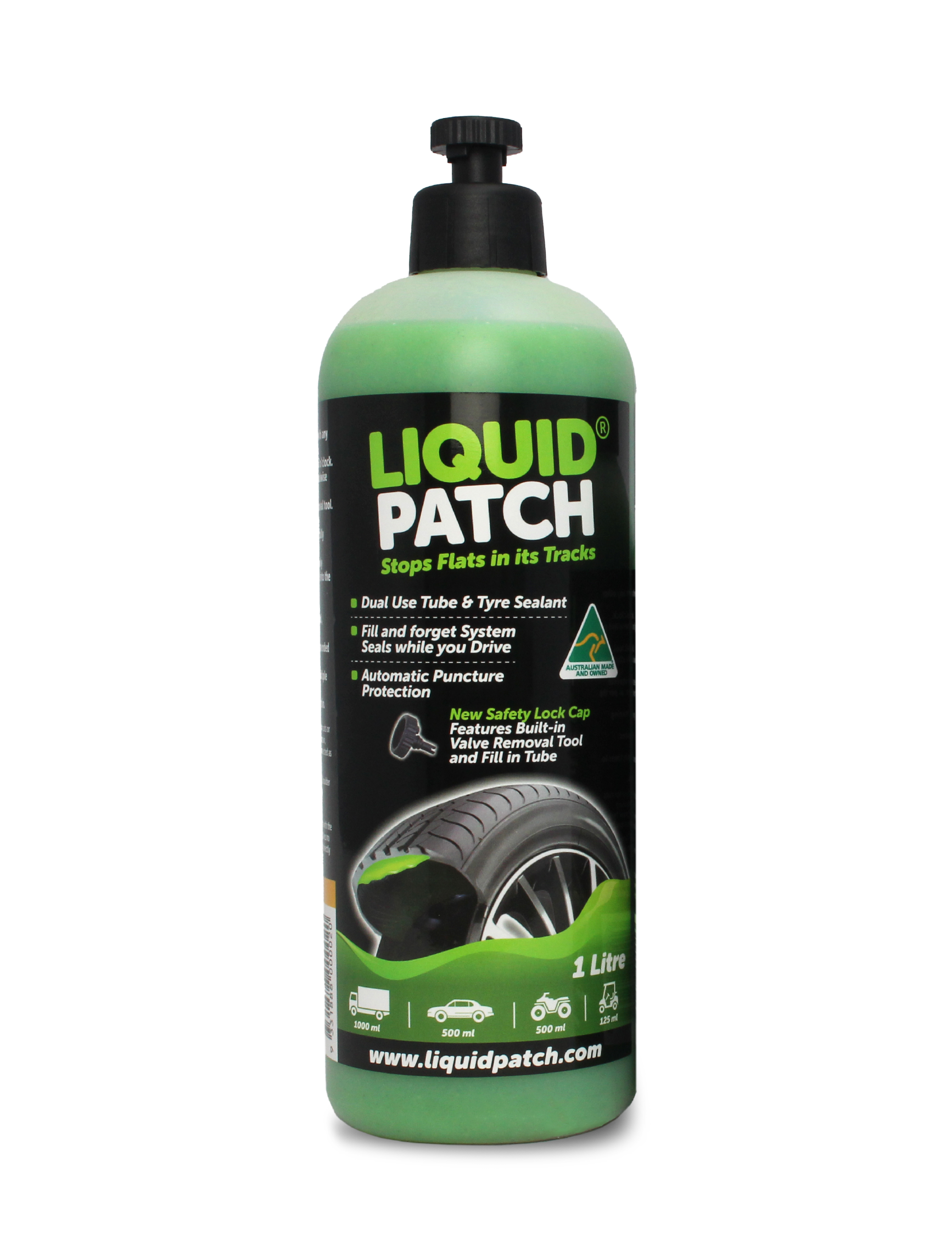 A green 1L bottle of Liquid Patch's Tyre Puncture Repair features a label with car tire images and highlights "Stops Flats in its Tracks" and "Automatic Puncture Protection." The essential dual-use tube & tire sealant is complemented by a sleek black cap.