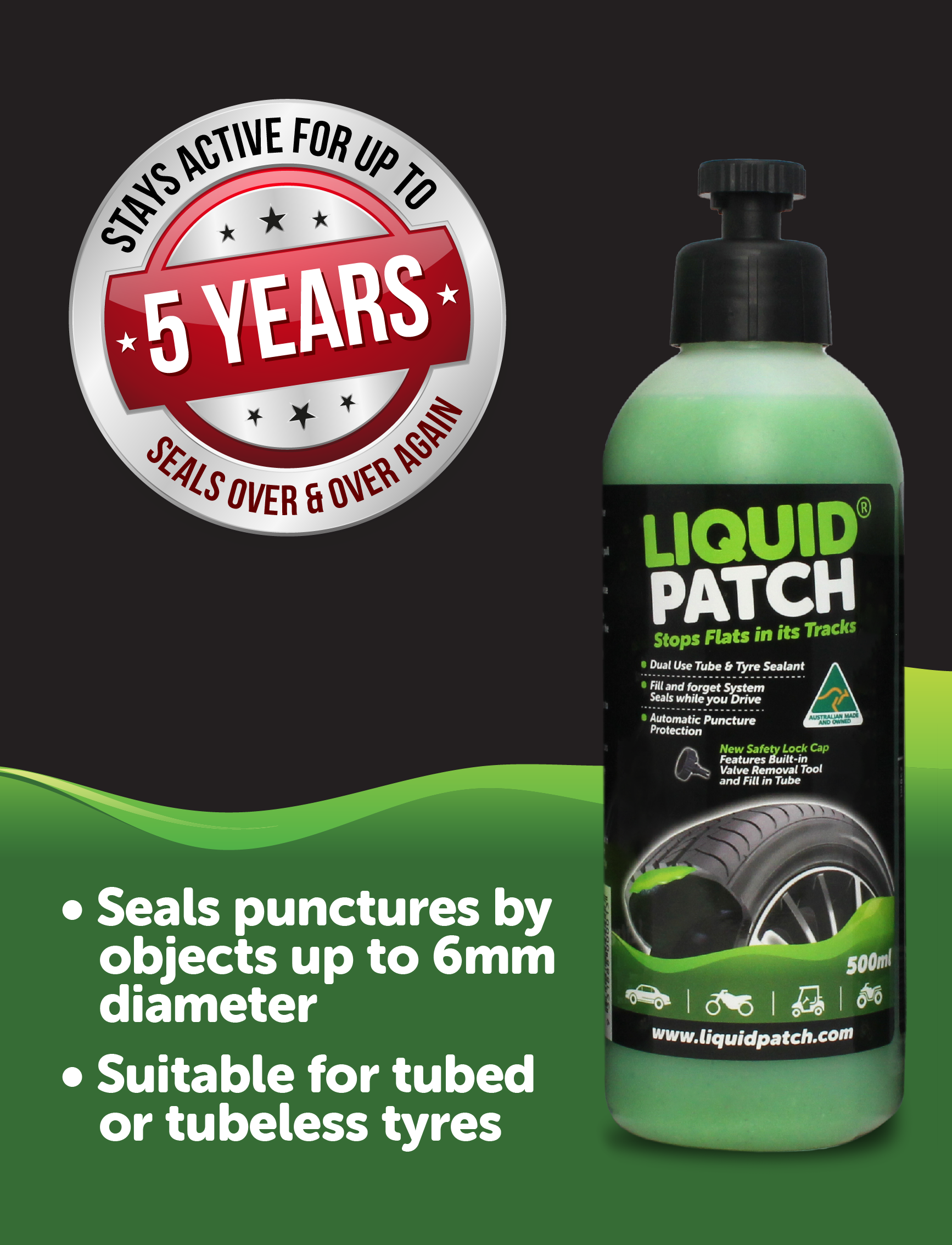A green bottle labeled "Tyre Puncture Repair - 1L" by Liquid Patch, showcasing a dual-use sealant for tubes and tyres. It features automatic puncture protection up to 6mm and a silver badge stating it stays active for up to 5 years, ideal for both tubed and tubeless tires.
