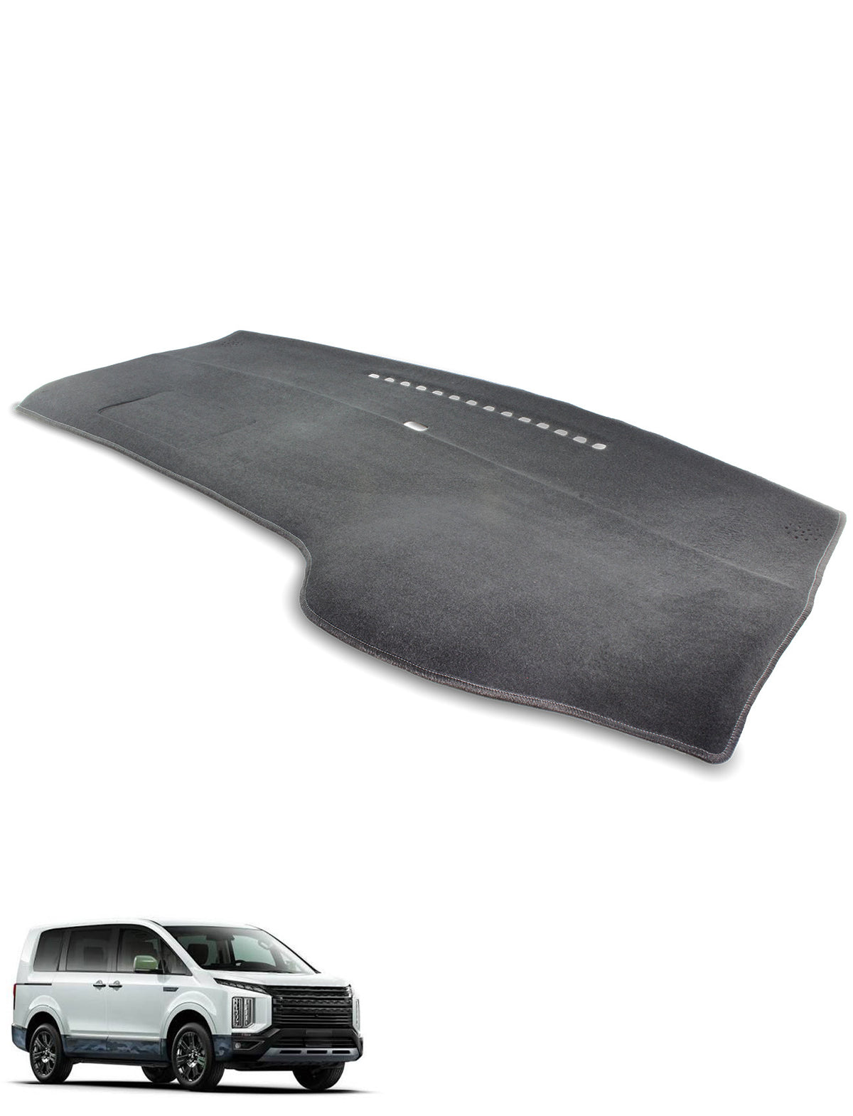 Gray Sunland-Protection Mitsubishi Delica Dash Mat, custom-fit for a Mitsubishi Delica, shown above a white minivan.