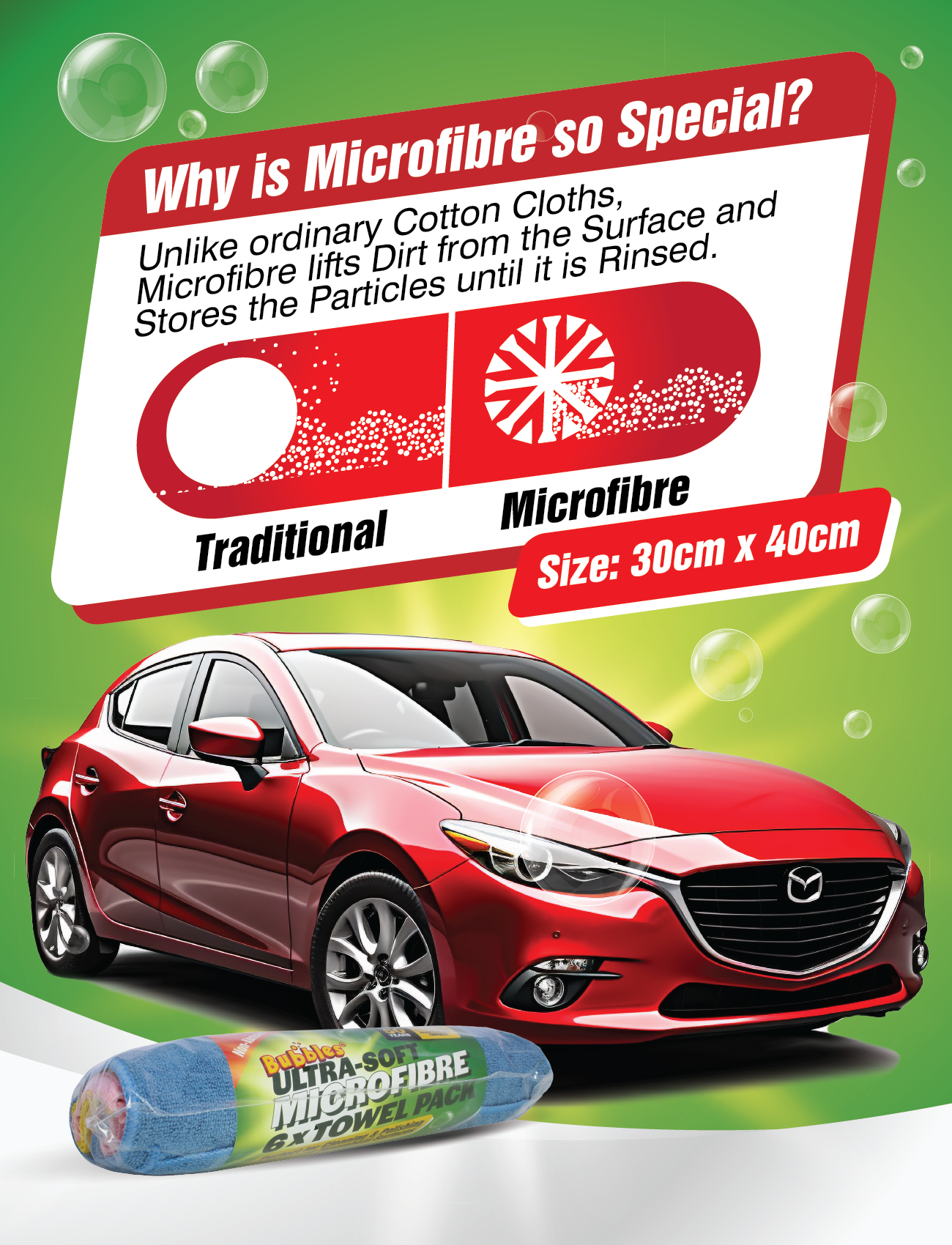Illustration of Ultra-soft Microfibre 6 x Towel Pack by Sunland-Protection includes a red car with the package below. A diagram shows how the cloth's high-density weave lifts dirt particles effectively, ensuring a lint and streak-free finish. Dimensions: 30cm x 40cm.