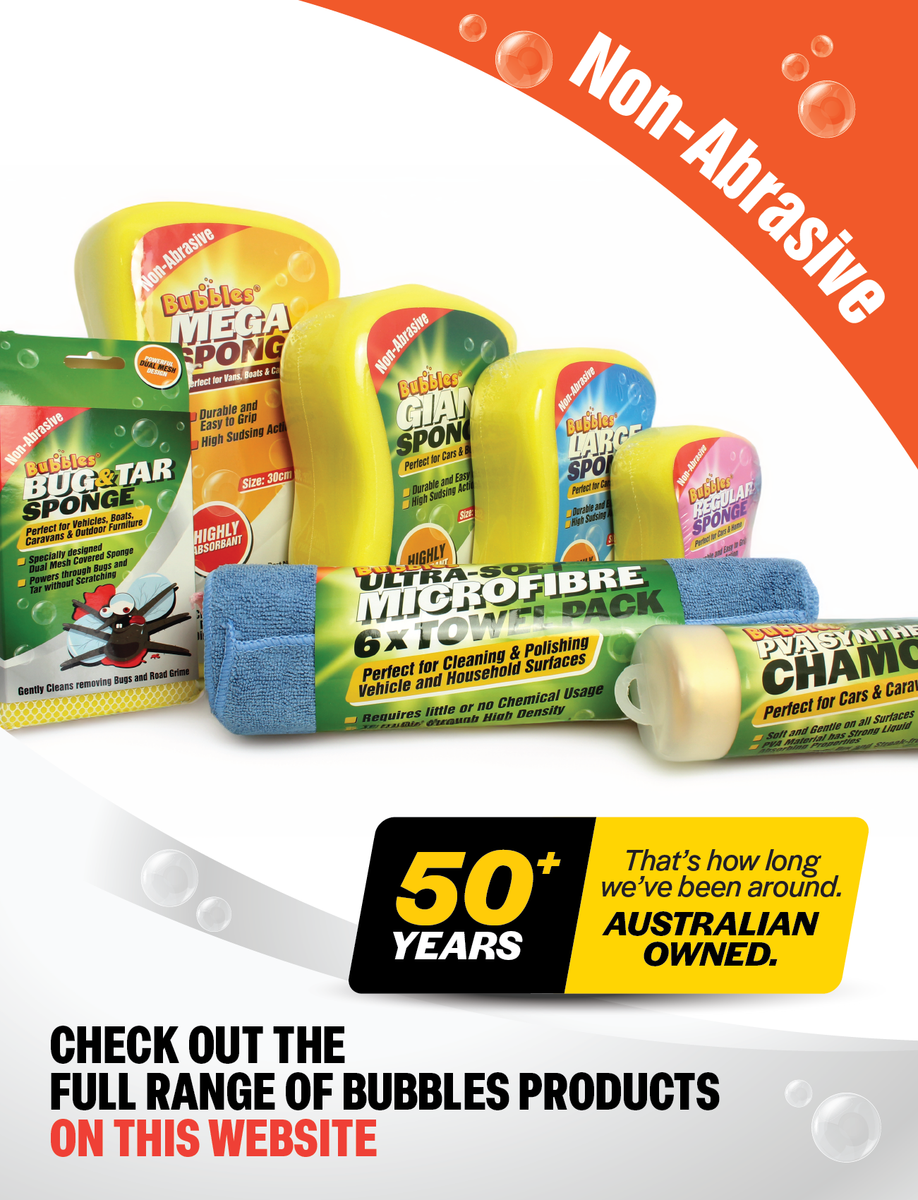 The image features Sunland-Protection's Ultra-soft Microfibre 6 x Towel Pack and various sponges, with an orange and white background highlighting their non-abrasive, lint-free qualities, and "50+ years" of Australian ownership for effective cleaning and polishing.