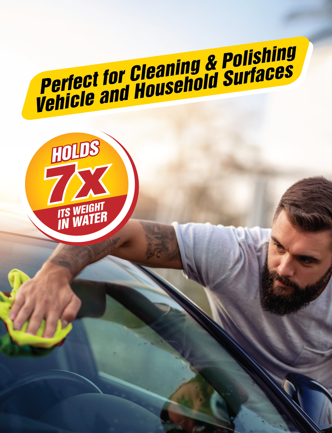 A bearded man cleans a car windshield using Sunland-Protection's Ultra-soft Microfibre towel, ensuring a lint and streak-free finish. Text reads, "Perfect for Cleaning & Polishing Vehicle and Household Surfaces" and "HOLDS 7X ITS WEIGHT IN WATER." Background is blurred.