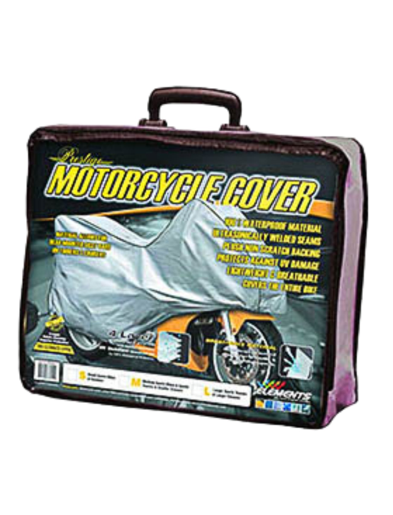 Introducing the Motorcycle Cover Prestige To 500cc by Sunland-Protection: a premium waterproof cover with a carrying handle. The package features an image of the elegant silver cover on a bike, highlighted with bright yellow and white text showcasing its impressive details.
