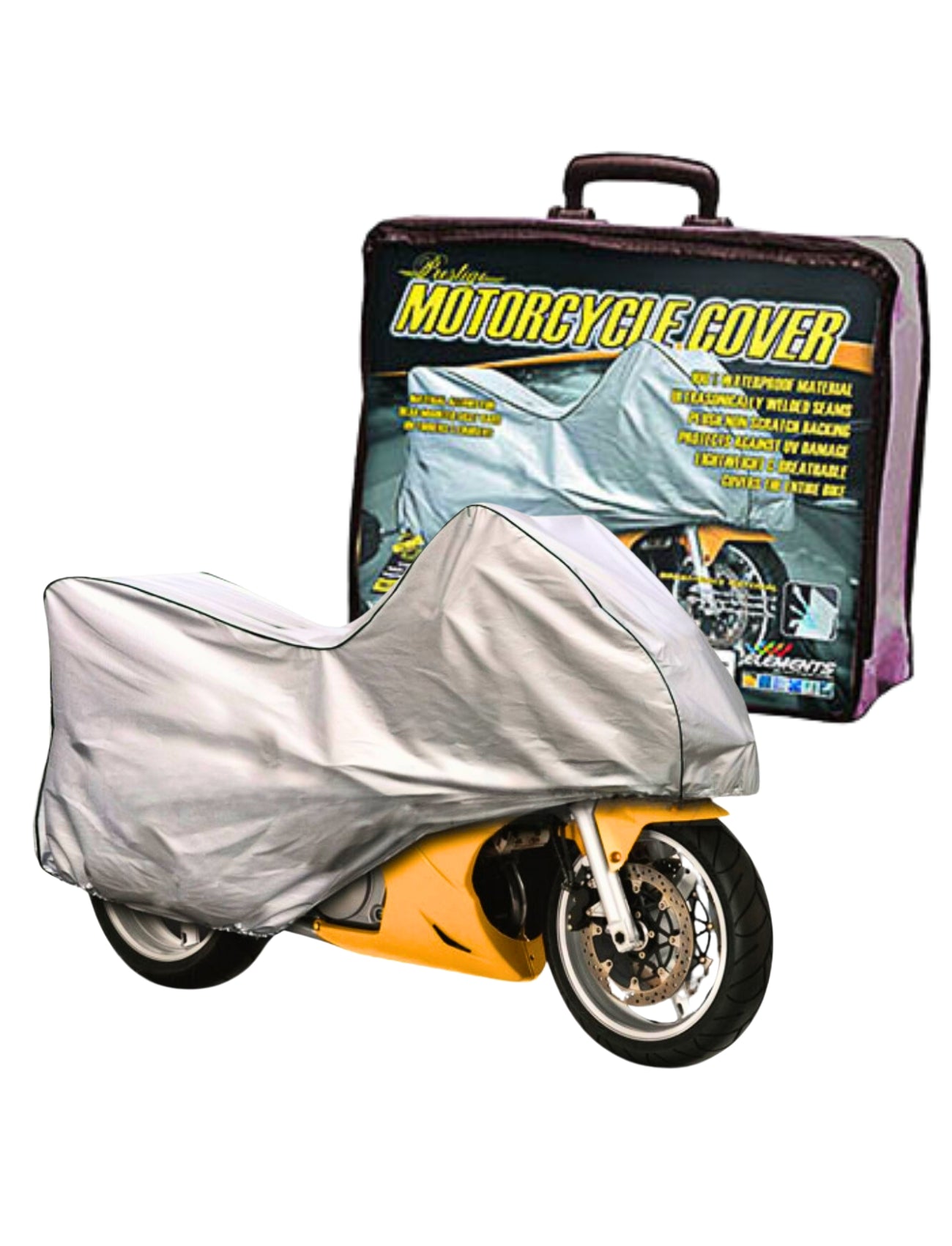 A yellow motorcycle is shielded by a gray, waterproof cover. Packaging for the Sunland-Protection Motorcycle Cover Prestige To 500cc features product details and an image of a protected bike, showcasing both style and security with its partially visible front wheel.