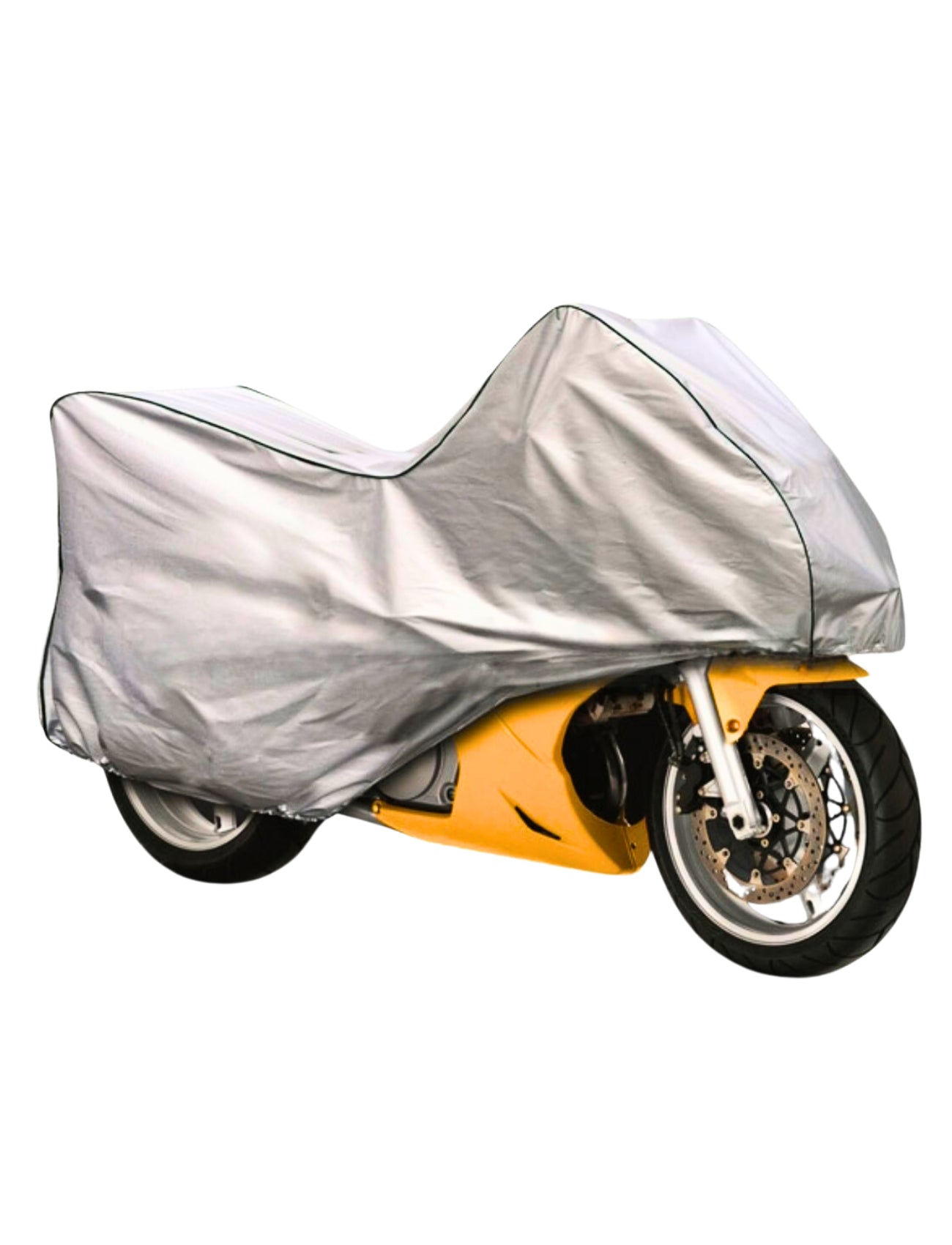 A Sunland-Protection Motorcycle Cover Prestige 500-1000cc in silver, featuring a UV stabilizer, snugly covers a yellow sportbike. The design reveals the front wheel and brake while protecting against weather damage and highlighting the bike's sleek shape.
