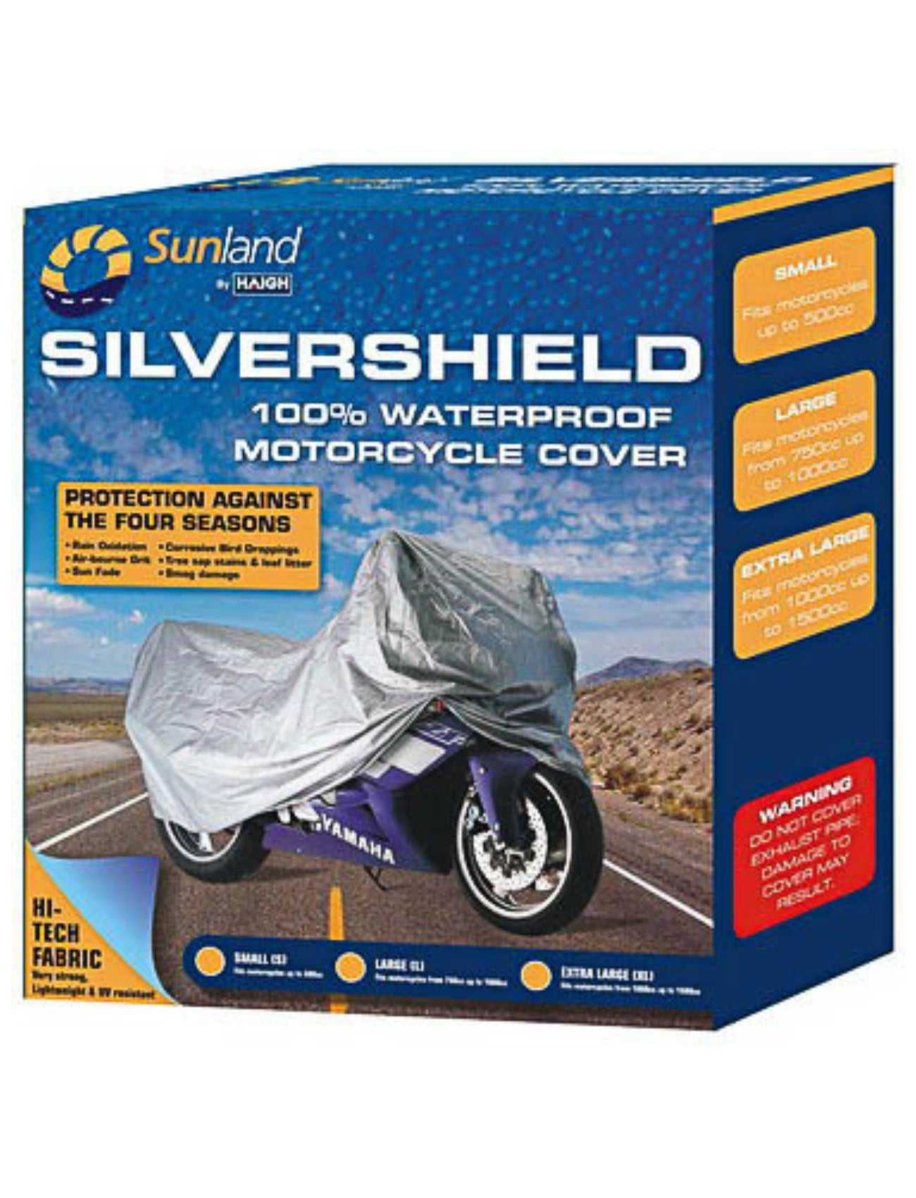 Sunland-Protection's Motorcycle Cover 500cc-1000cc packaging highlights its all-season, 100% waterproof and UV-resistant design. The box displays an image of a covered motorcycle and offers sizes in small, large, and extra-large.