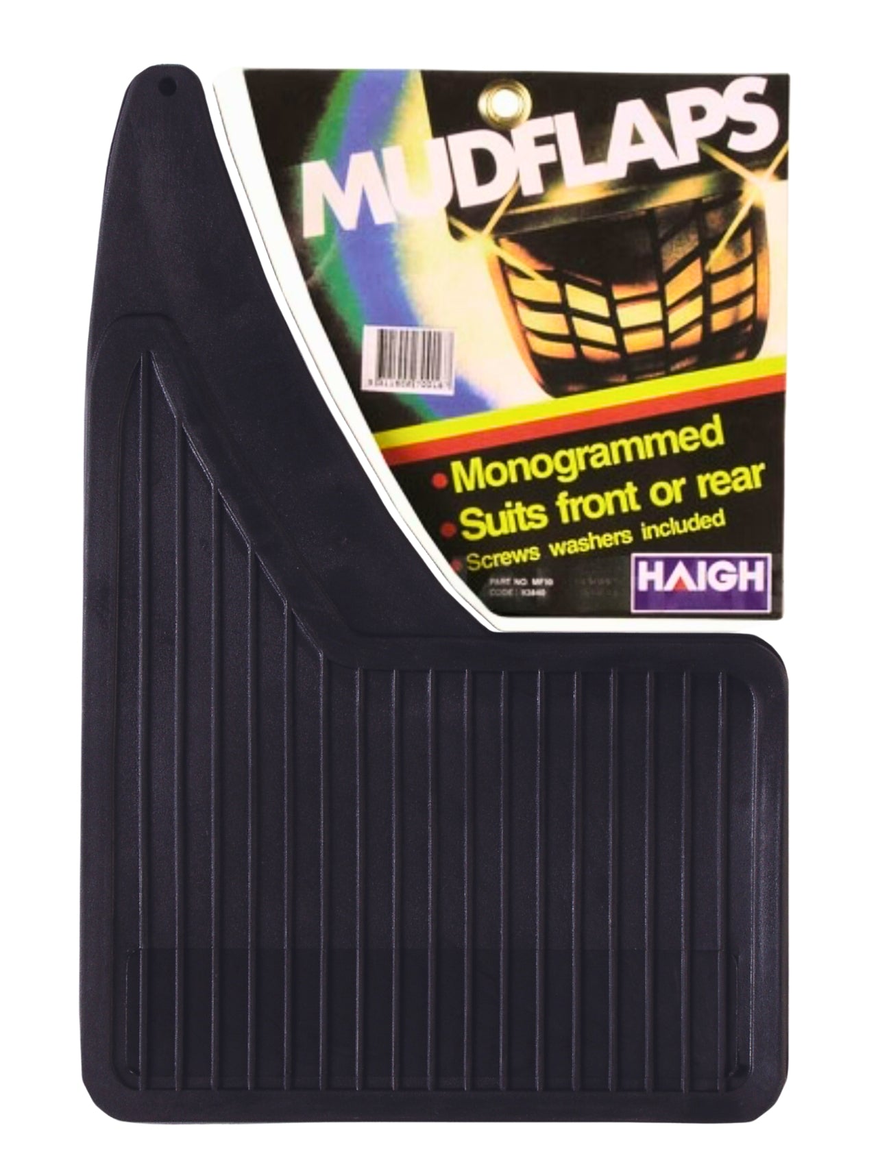 Image of a black mudflap in packaging labeled "Mud Flaps," features monogramming and suitability for front or rear use, with fittings including screws and washers. Made by Sunland-Protection, this universal 230 x 350mm mudflap has a sleek ridged design.