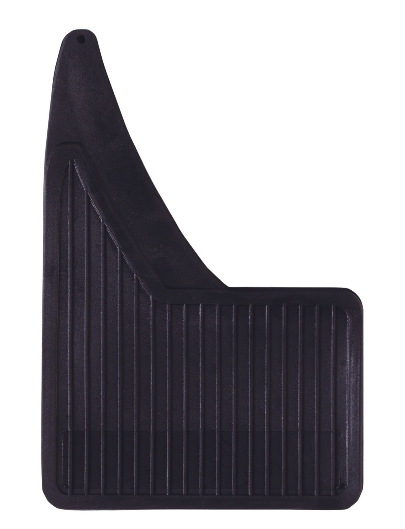 The Sunland-Protection MUD FLAPS - UNIVERSAL 230 x 350mm are black rubber with a textured, ribbed surface and fittings. They feature an angular design with uneven sides to protect vehicles from wheel-thrown dirt and debris.
