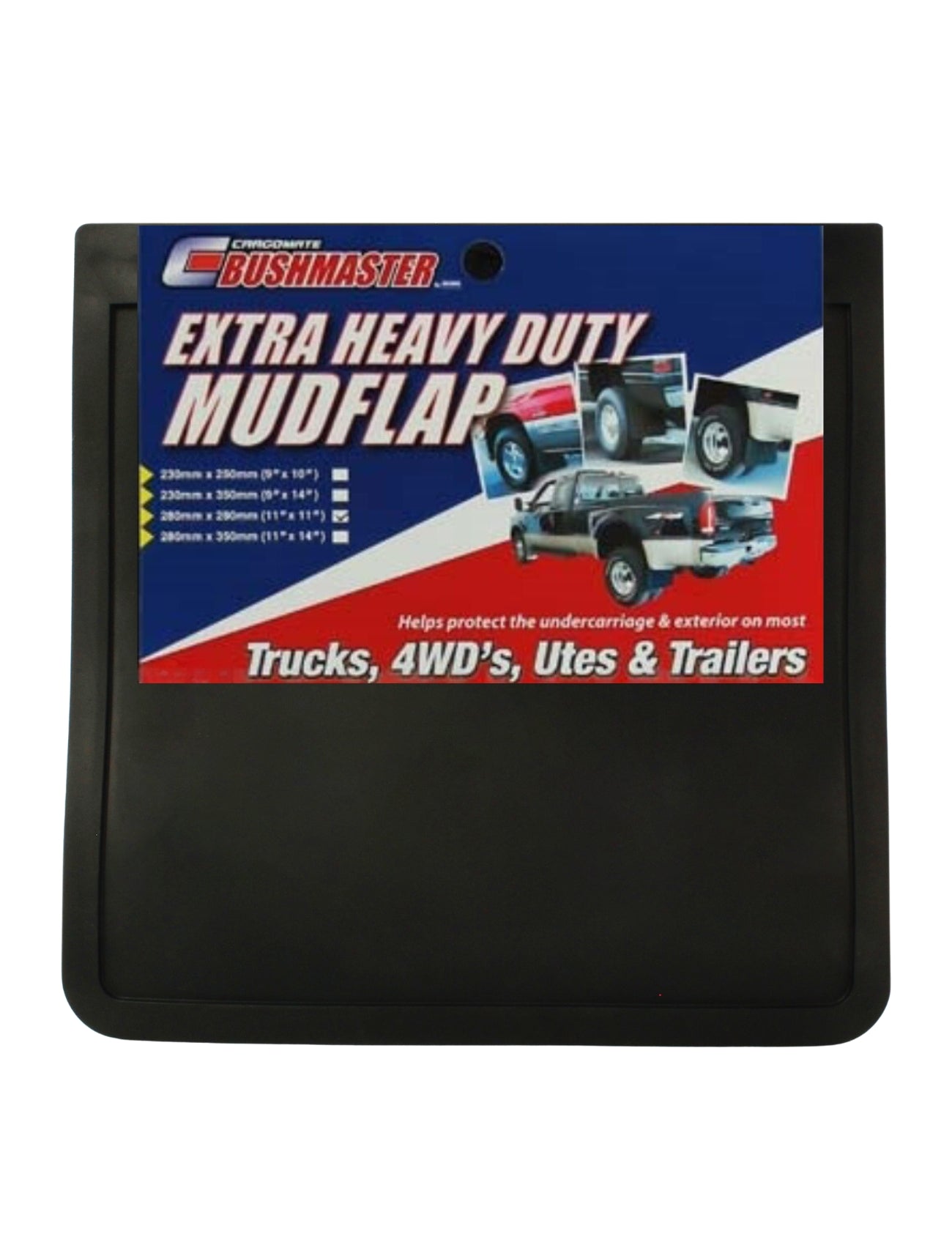 Image of Sunland-Protection Mud Flap 280 x 280mm packaging, showcasing vehicles navigating off-road terrains with mudflaps. Text highlights its protective benefits for the undercarriage and exterior of Trucks, 4WDs, Utes, and Trailers.