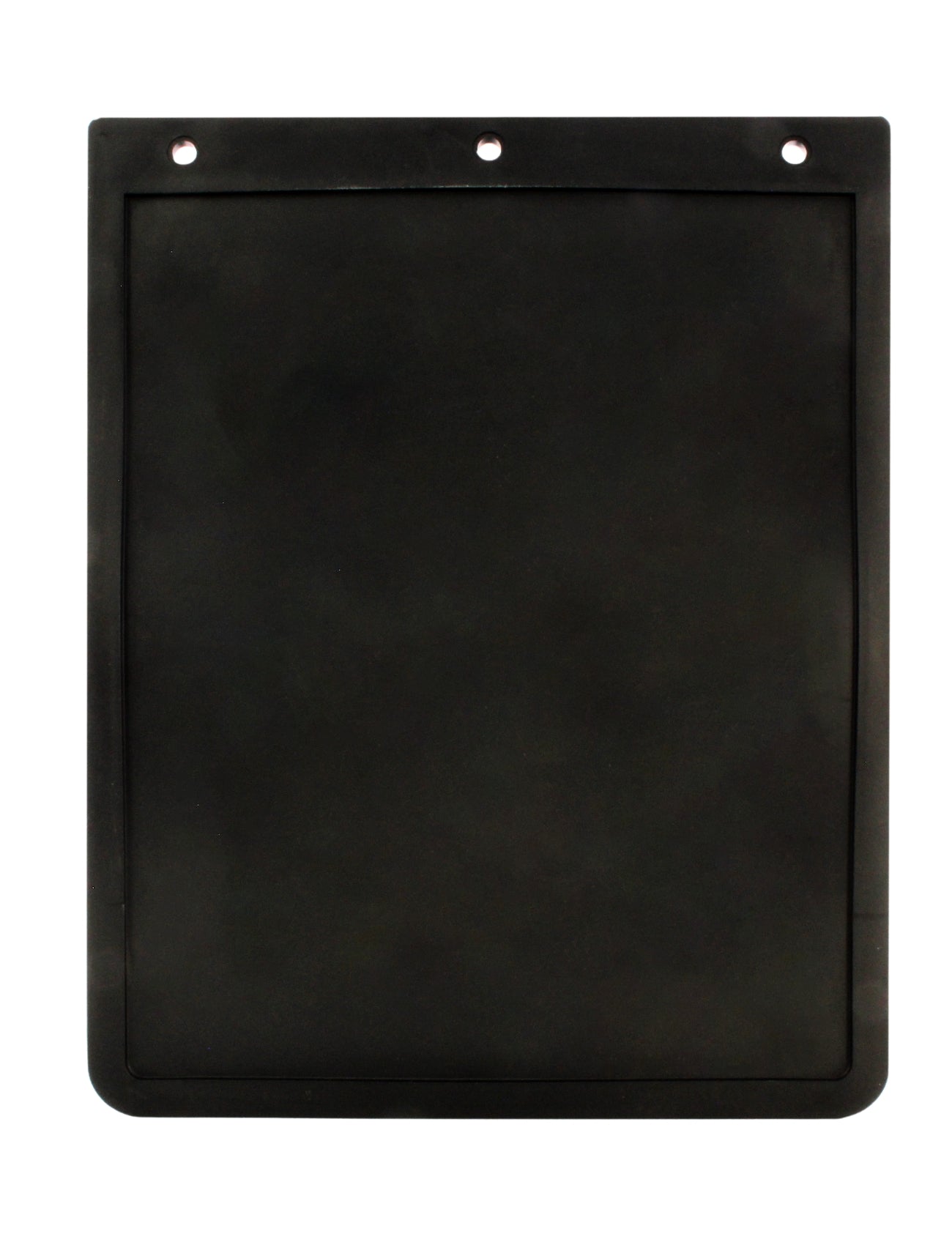 The Sunland-Protection Mud Flap 280 x 350mm is a black rectangular mat featuring three top holes for easy mounting. It's ideal for off-road trailers with its smooth texture, slightly rounded corners, and durable design for rugged environments.
