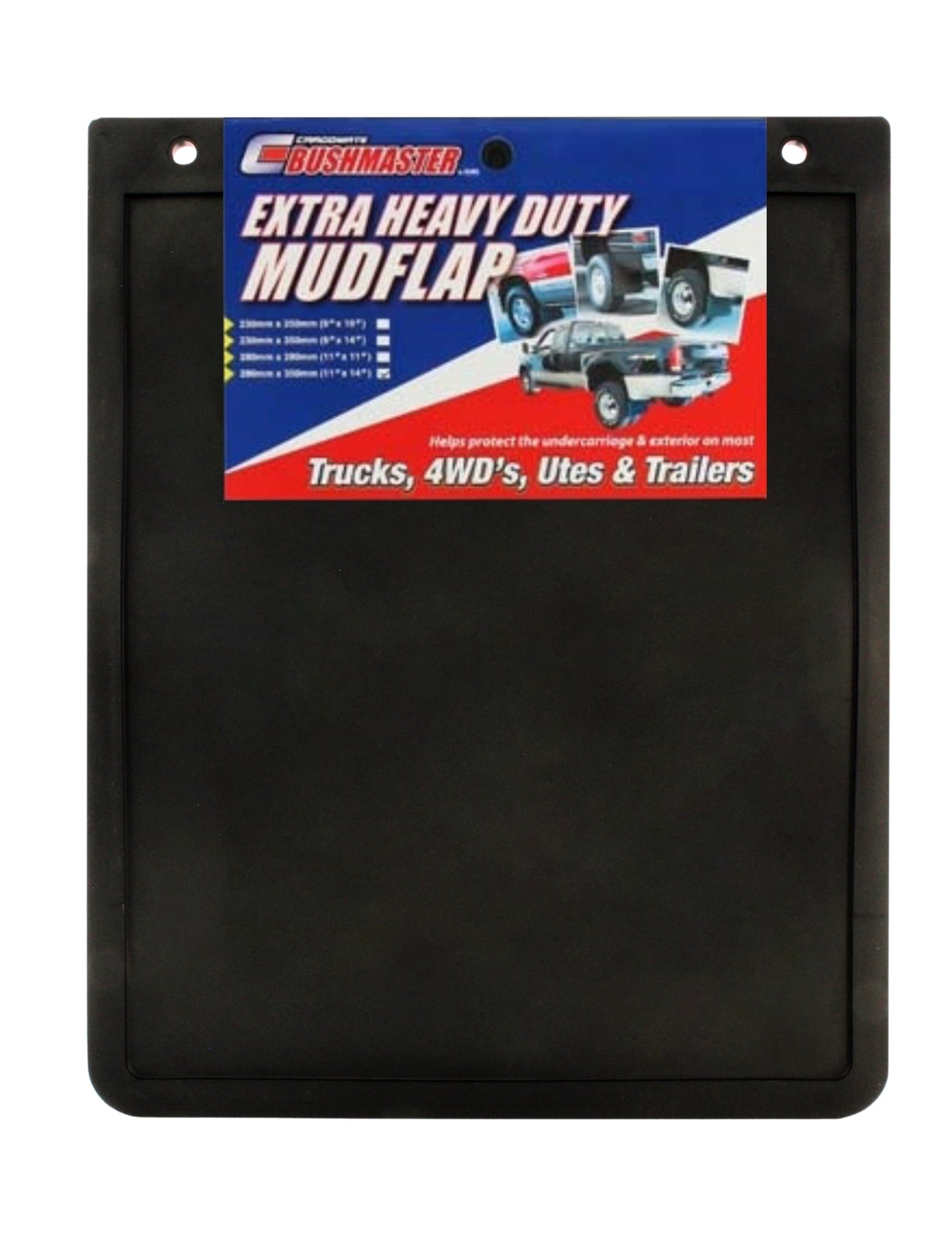 The Sunland-Protection Mud Flap 280 x 350mm is a black, extra heavy-duty flap featuring truck images. Perfect for trucks, 4WDs, utes, and off-road trailers, it offers protection for the undercarriage and exterior. Ideal for those needing durable mud flaps on rugged terrains.