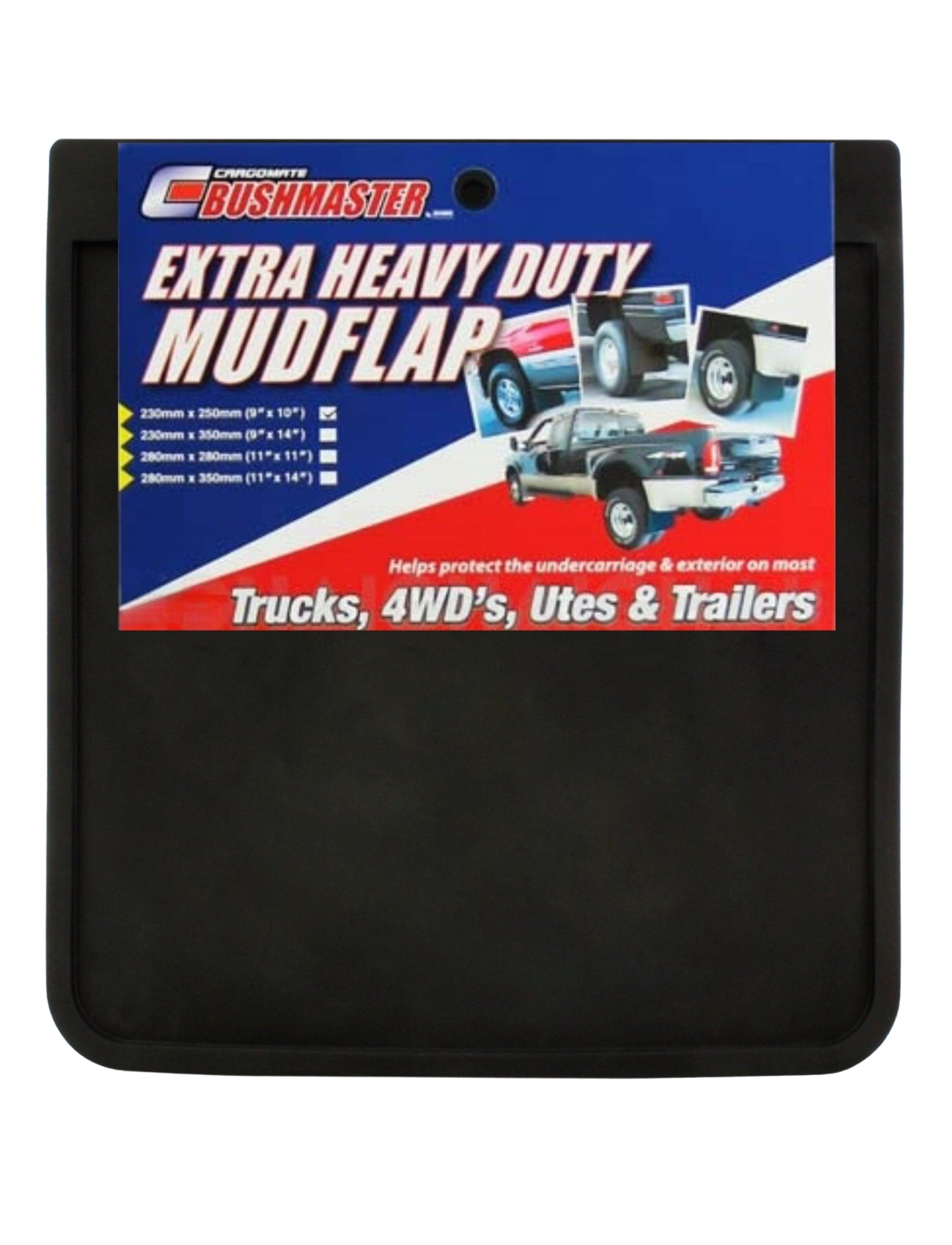 A black mudflap with a vibrant label on top reads, "Sunland-Protection Mud Flap 225 x 250mm," featuring trucks using them. It lists sizes and claims to be ideal for "Trucks, 4WDs, Utes & Off-road Trailers.