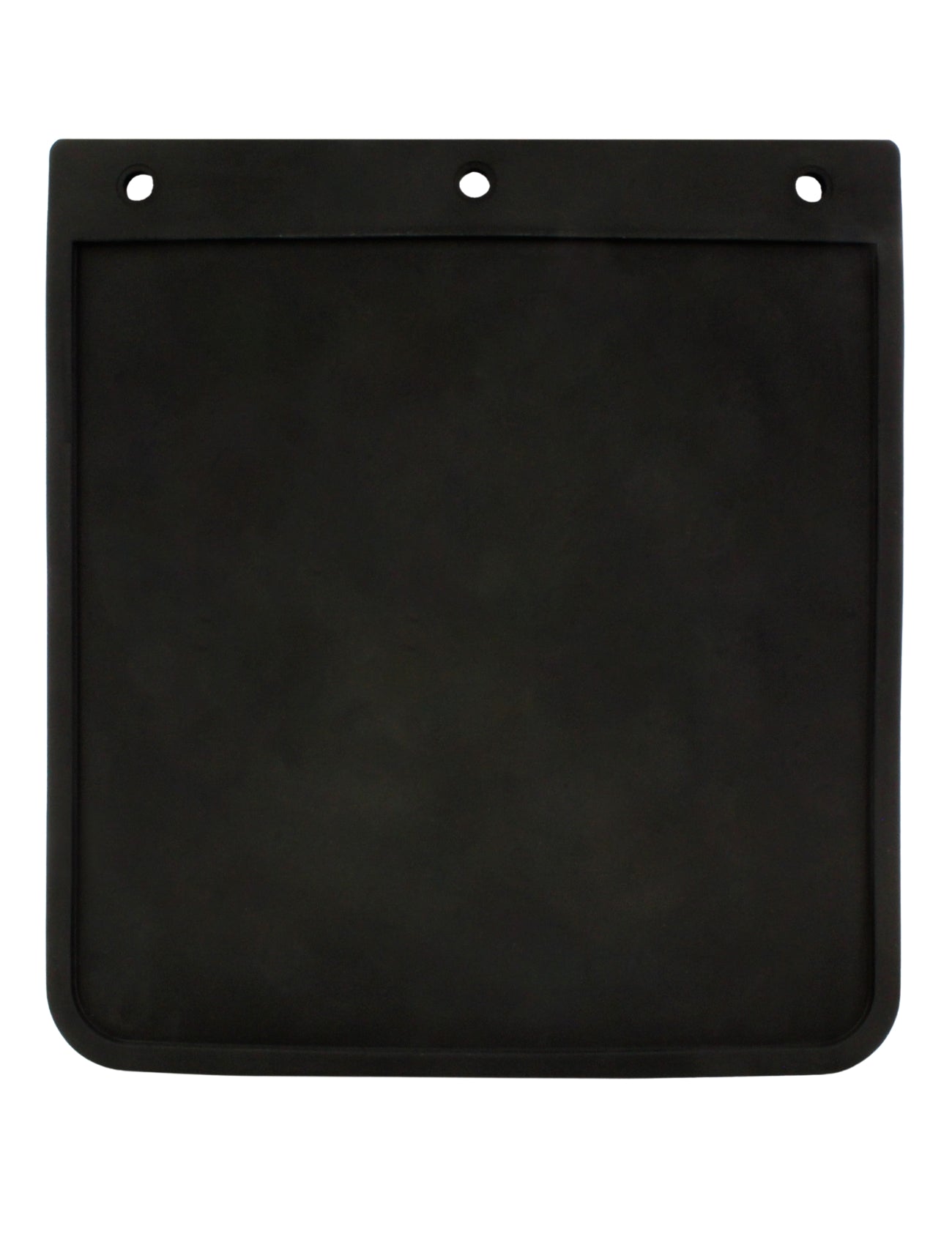 The Sunland-Protection Mud Flap 225 x 250mm is a durable black rubber mud flap designed with a simple rectangular shape, slightly rounded edges, and three mounting holes at the top. Ideal for off-road trailers, it has a flat and smooth surface.