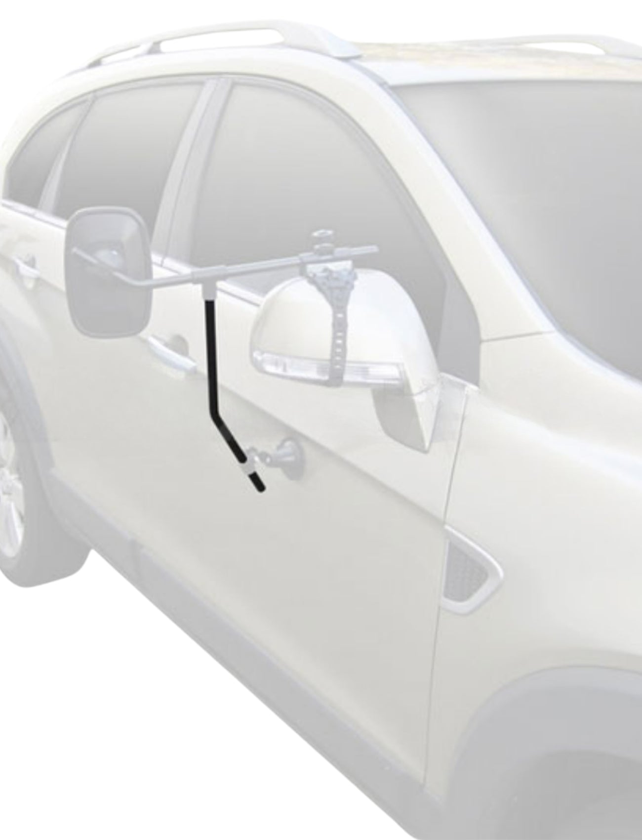 A white vehicle with tinted windows is parked securely, equipped with Sunland-Protection's MIRROR SUPPORT ARM for MH3007 towing mirrors, featuring an extended rearview mirror and additional side mirror secured to the door with a long black metal arm.