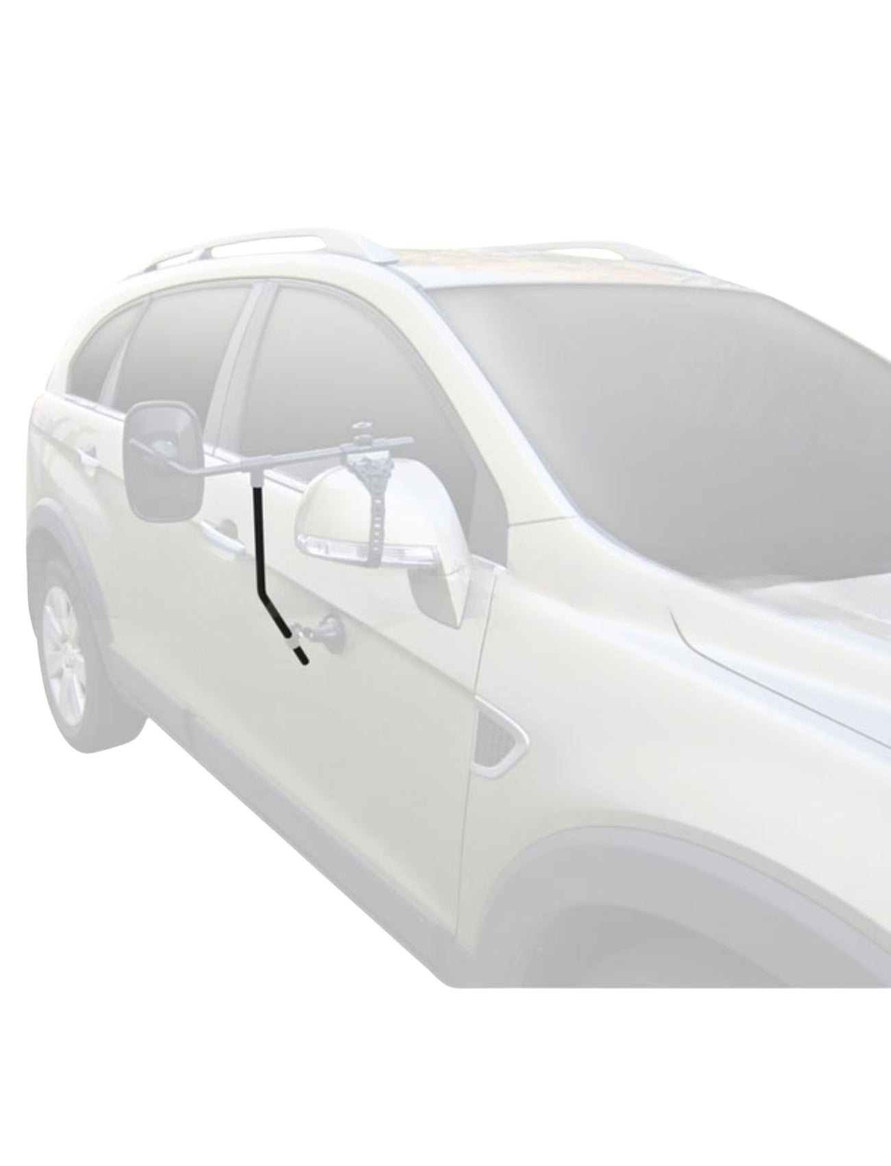 The Silver SUV features a sleek extended mirror arm, designed for towing with Sunland-Protection’s Mirror Support Arm, compatible with the MH3007 mirrors. A plain, light background enhances focus on this advanced feature.