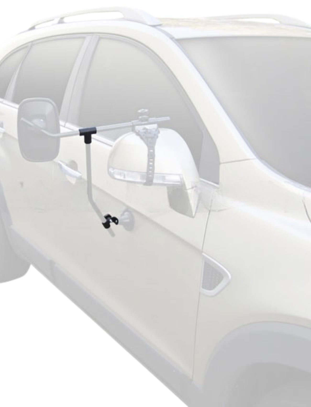 A white SUV with tinted windows features an MH3007, showing Sunland-Protection's sturdy MIRROR TOWING BRACKETS secured by a metal bar and clamps. Ideal for those needing dependable mirror parts for their drive replacement journey.