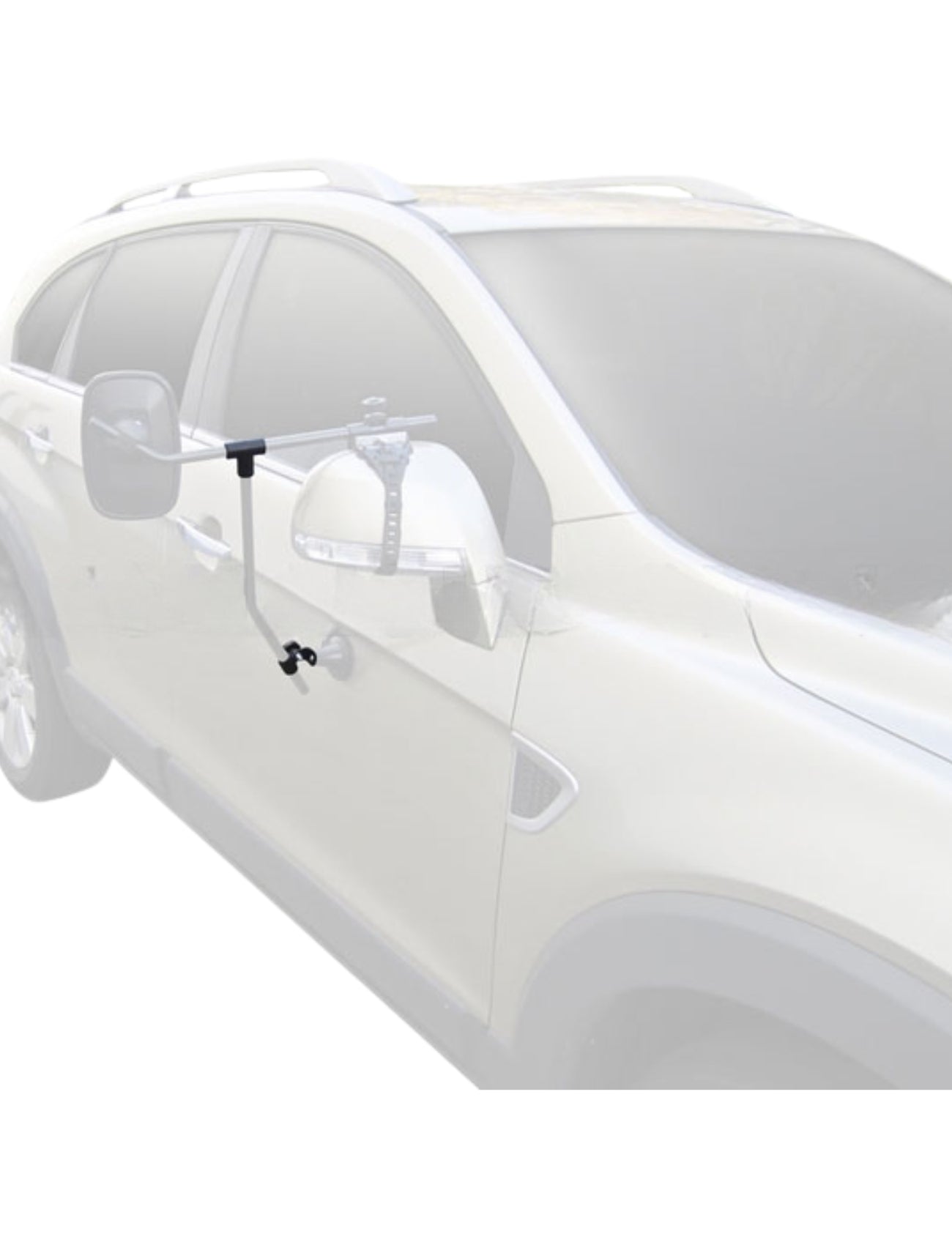 A silver SUV features an extended MH3007 towing mirror with Sunland-Protection MIRROR TOWING BRACKETS. Designed for a wider field of view, it’s ideal for towing. The image highlights the mounting mechanism and extended arm, showcasing essential parts.