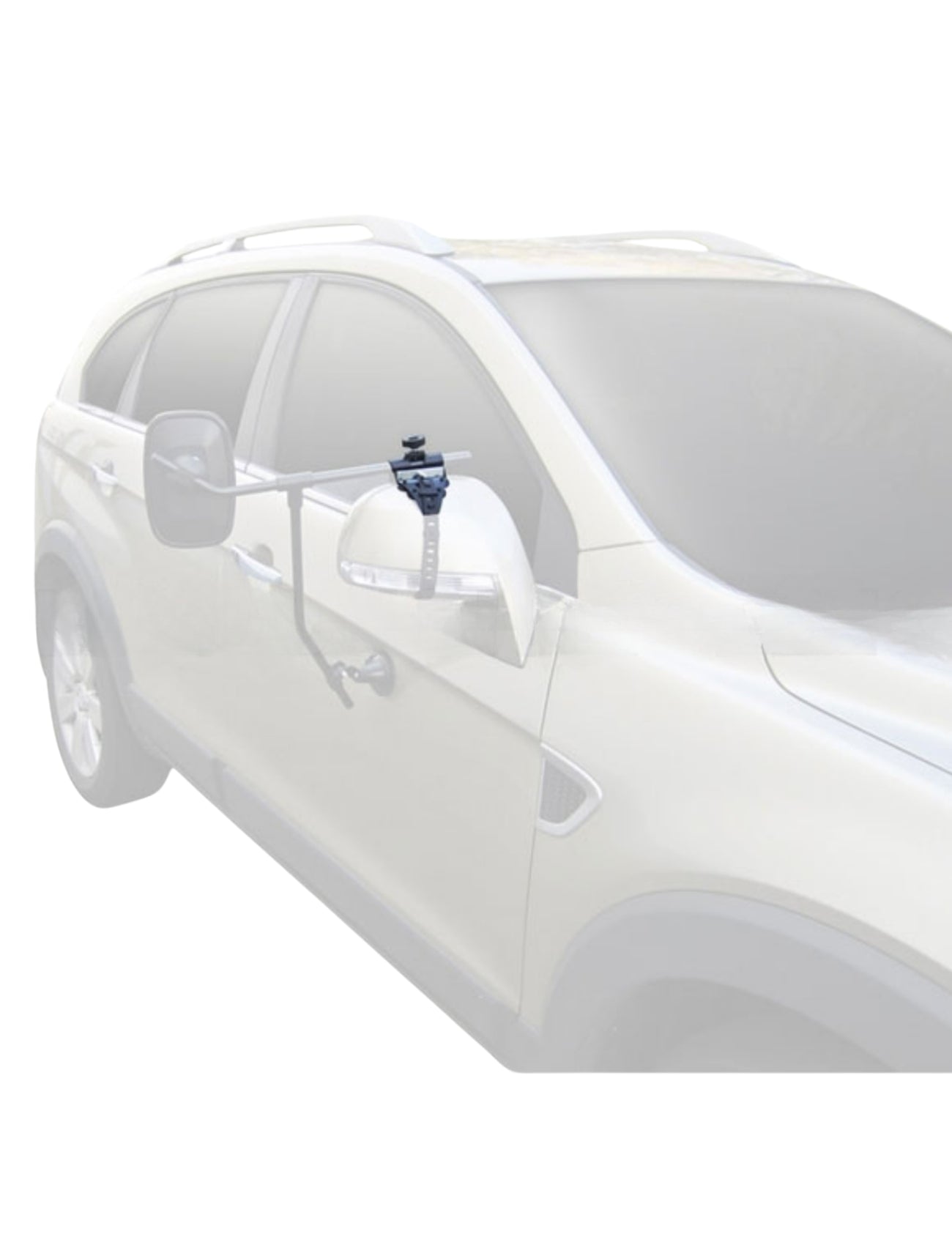 A side view of a white SUV showcases the Sunland-Protection MIRROR TOWING CLAMP compatible with MH3006 & MH3007, designed for optimal visibility. The driver's window is tinted against a plain white background.