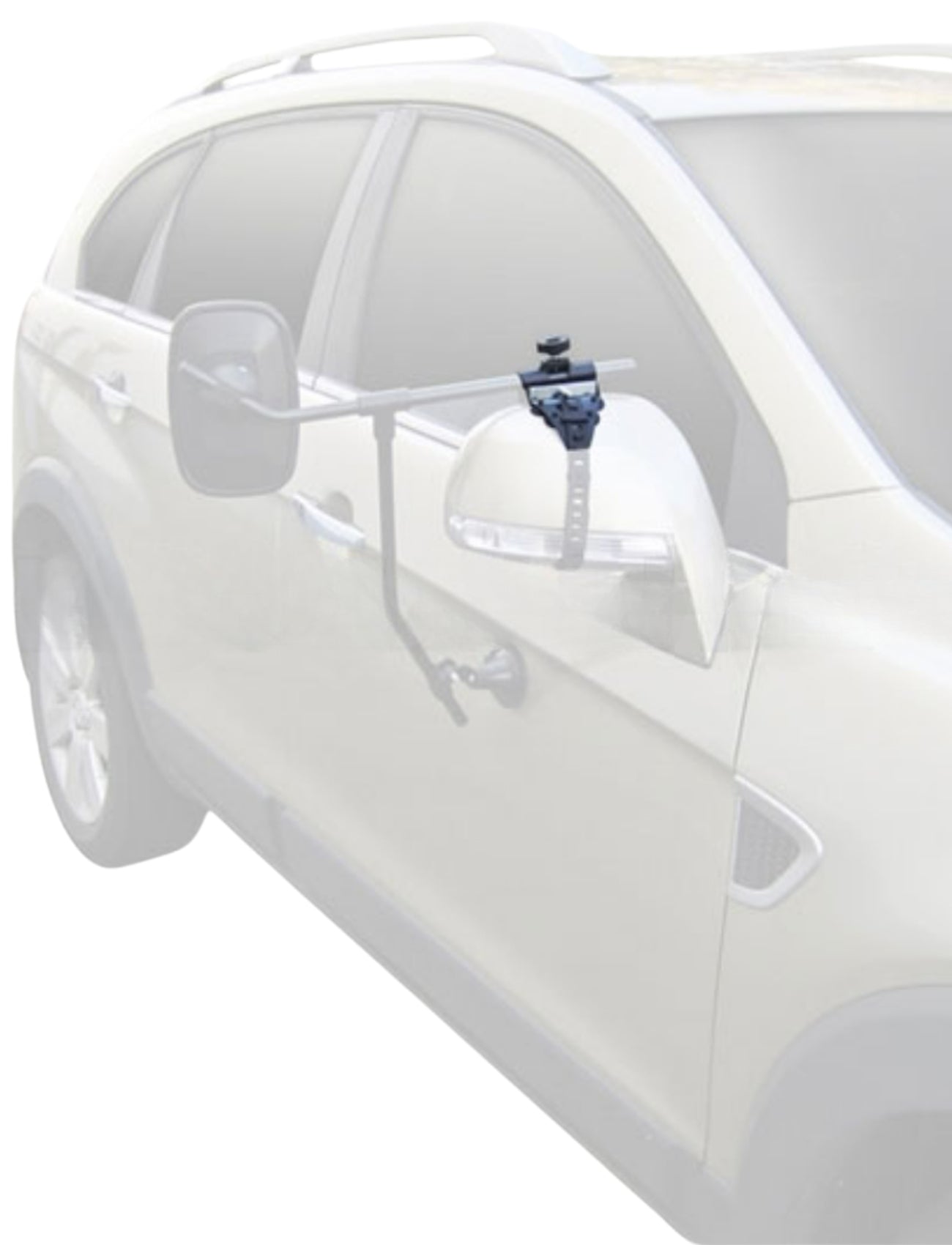 A Sunland-Protection MIRROR TOWING CLAMP, tailored for MH3006 & MH3007, mounts on the tinted side mirror of a white SUV to enhance towing visibility.