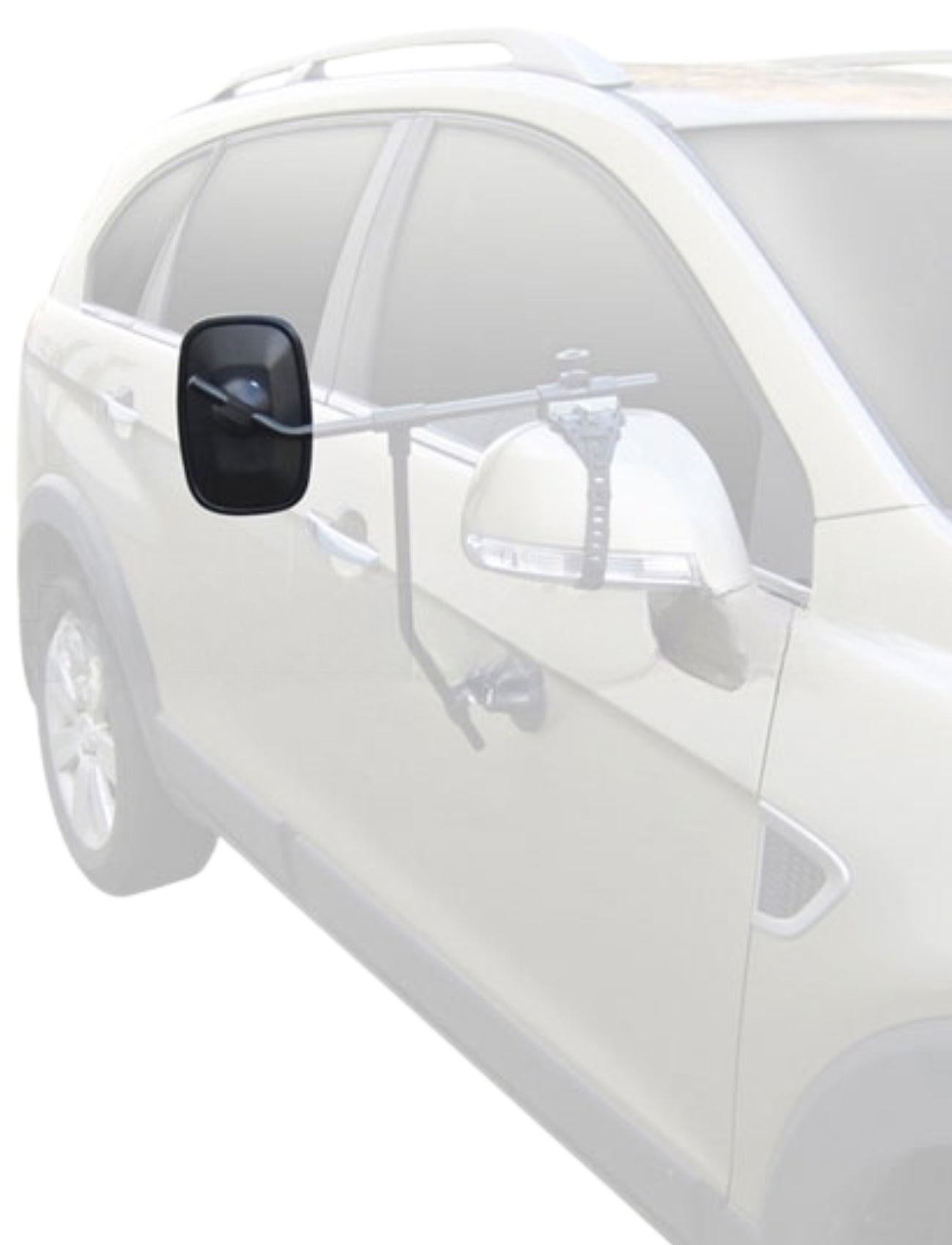 A white SUV fitted with the Sunland-Protection MIRROR TOWING HEAD - SUIT MH3006 & MH3007 features a towing mirror integrated with an extended side mirror attachment. Mounted on a sturdy bracket, it enhances visibility for safe towing, elegantly showcasing readiness for any drive.