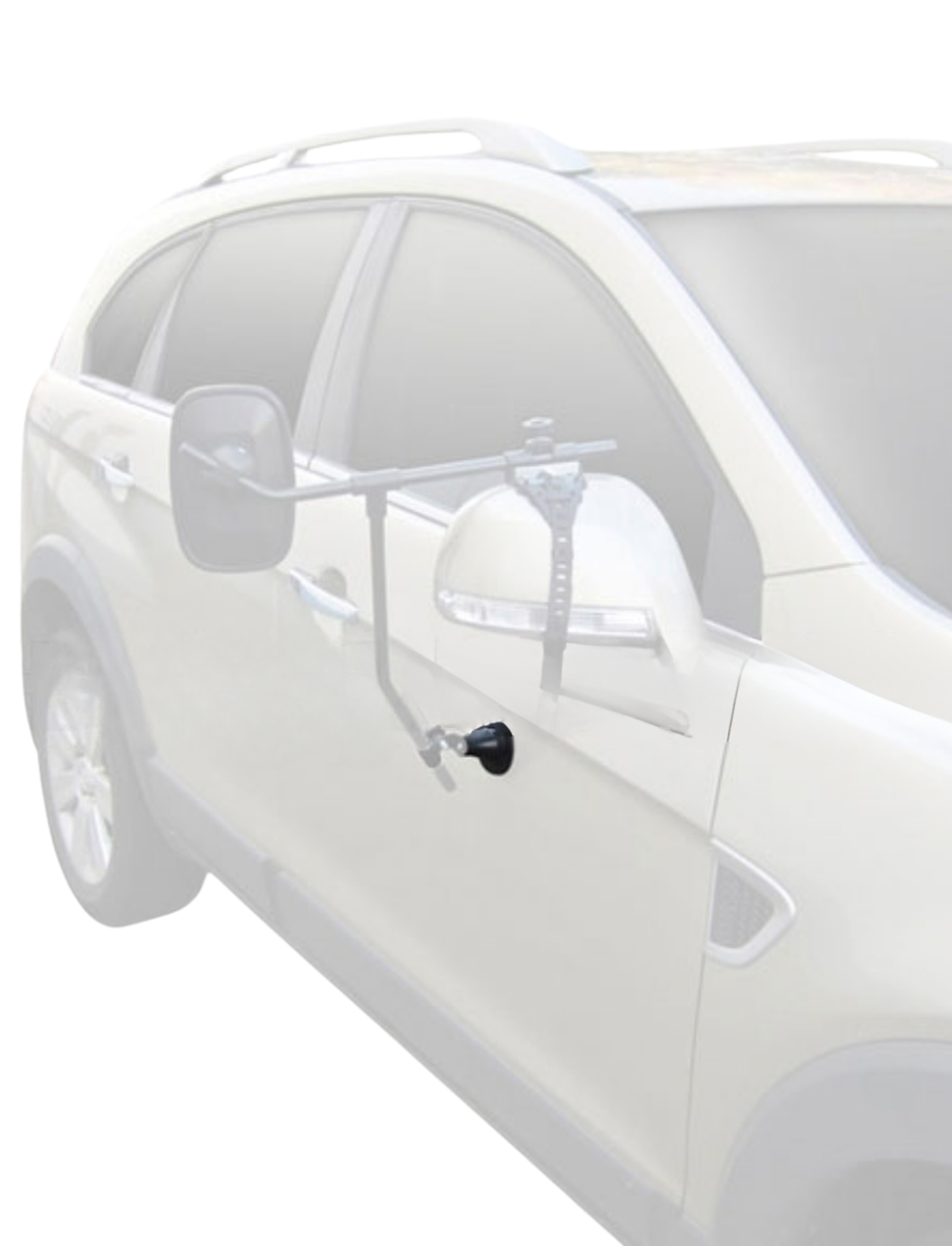 The white SUV features Sunland-Protection's MIRROR TOWING SUCTION CUP designed for the MH3007, offering an adjustable clamp with a long arm to improve rear visibility. Essential for safer towing.