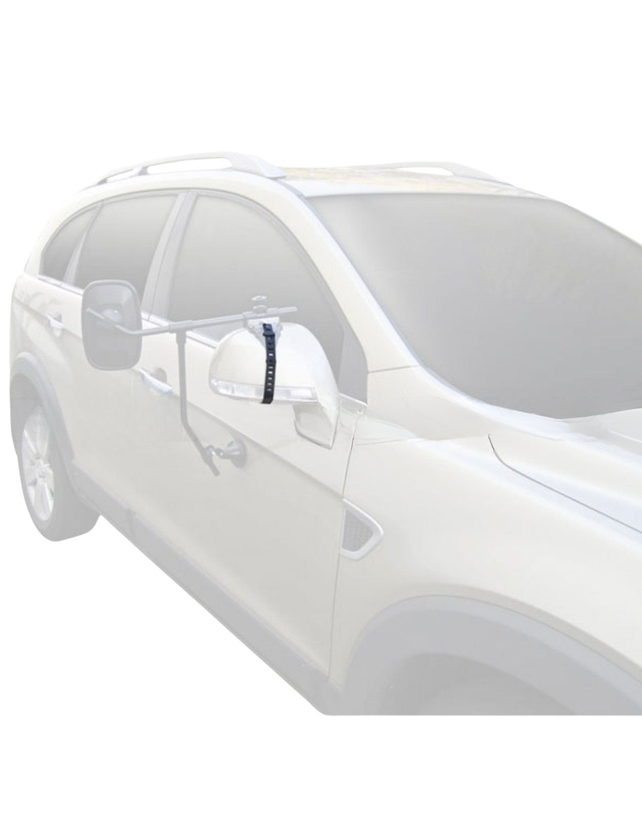 The white car features Sunland-Protection's MIRROR TOWING STRAP SUIT MH3006 & MH3007. These mirrors, complete with replacement straps, enhance rear visibility with a rotating arm for flexible positioning and seamlessly integrate into the existing setup.