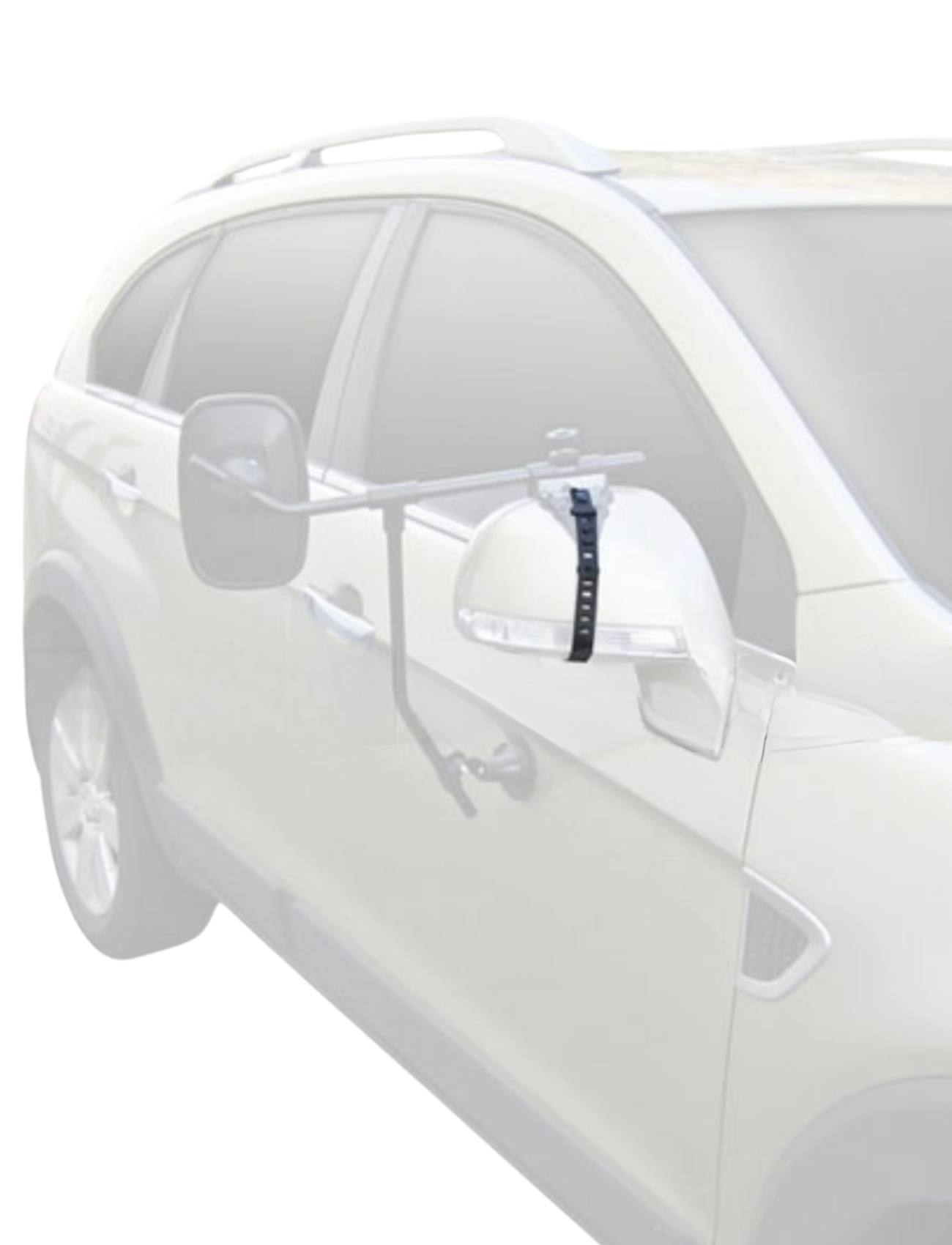 A Sunland-Protection MIRROR TOWING STRAP SUIT - MH3006 is securely mounted on the white SUV's side mirror using clamps and bars, enhancing rear visibility and ensuring a safer towing experience.