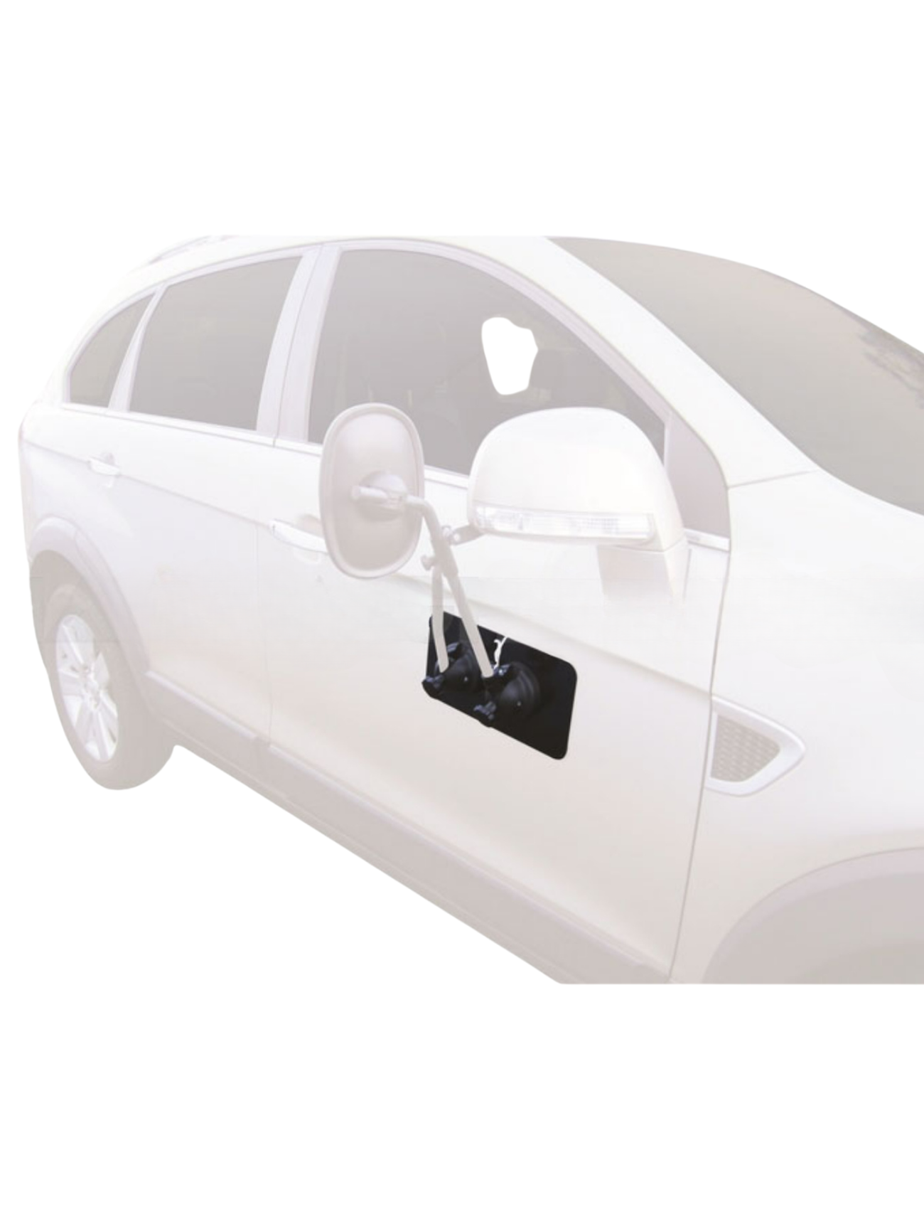 A side view of a white car shows an MH3008 towing mirror mounted on the driver's side door, featuring an adjustable arm and round mirror with a magnetic base. The windows are slightly tinted, set against a plain background. Product: MIRROR TOWING BASE - SUITS MH3008 by Sunland-Protection.