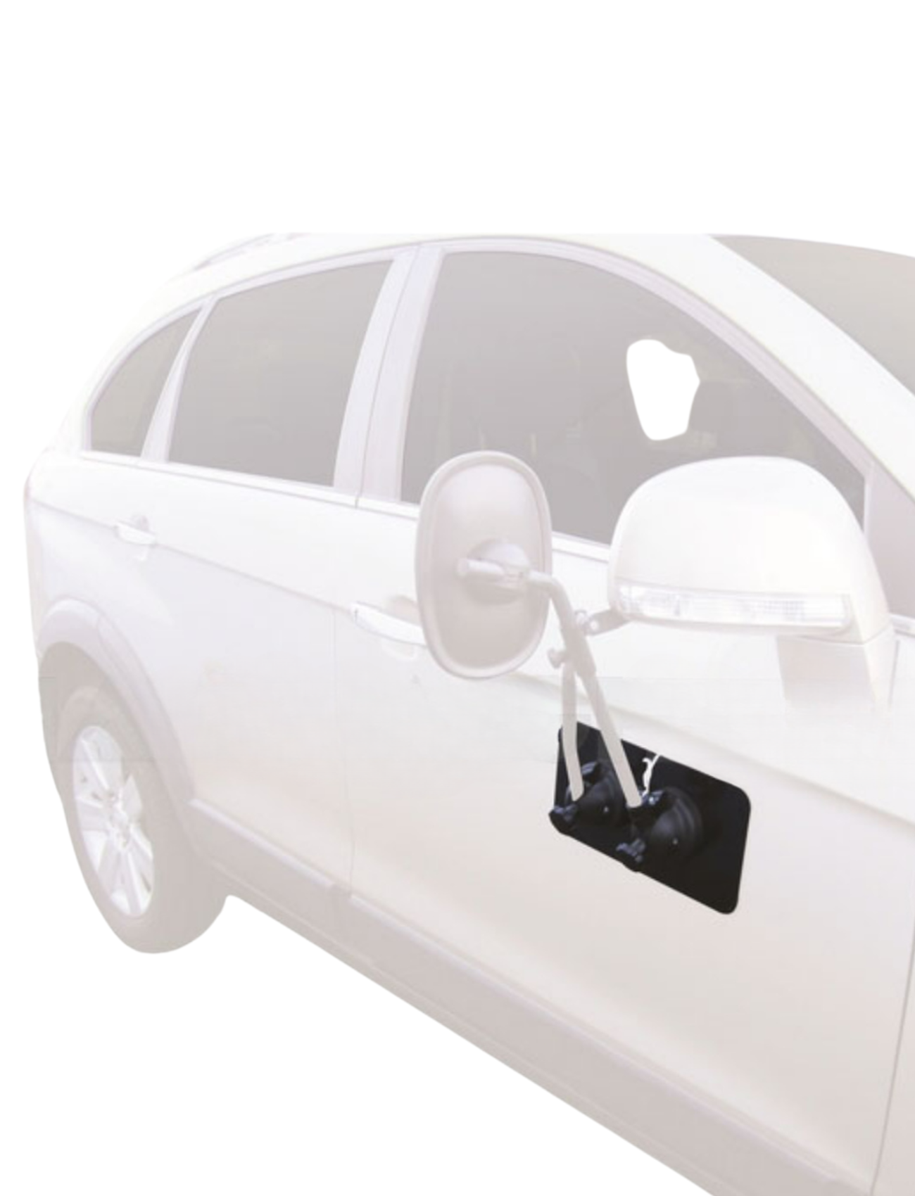 A white SUV uses a Sunland-Protection MIRROR TOWING BASE - SUITS MH3008 with a large rectangular design for optimal towing visibility. Its magnetic support ensures stability, even on uneven terrains, while the plain white background highlights this essential accessory.