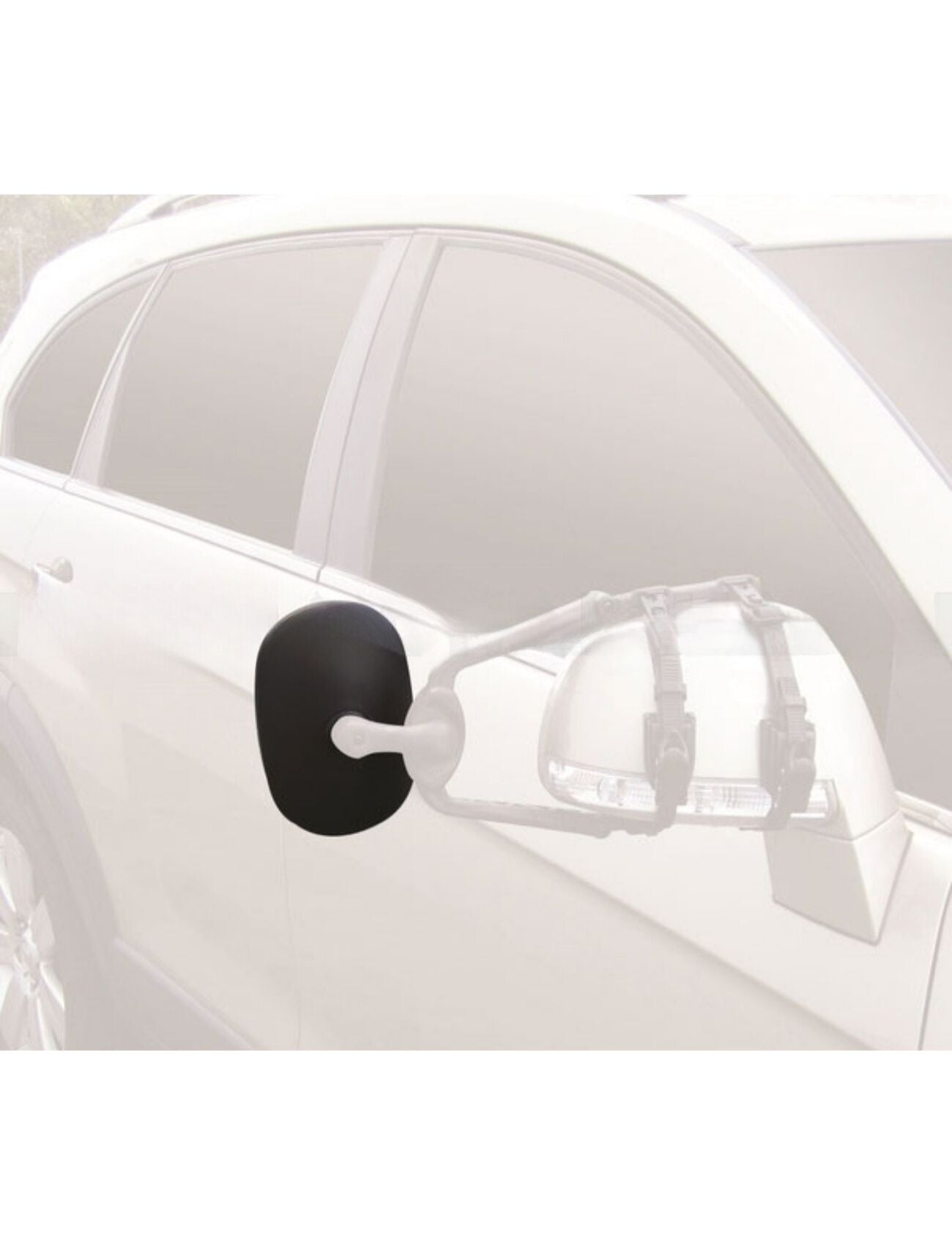 Close-up of a Sunland-Protection MIRROR TOWING HEAD - SUITS MH3009 on a white car's side mirror, secured with straps for enhanced rear visibility while towing.
